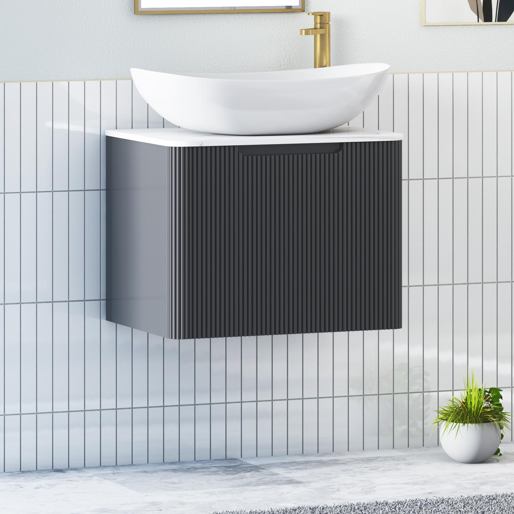 Avenza Matt Obsidian Black 1 Drawer Wall Hung Vanity Unit with Carrara White Undrilled Worktop & Various Countertop Basins