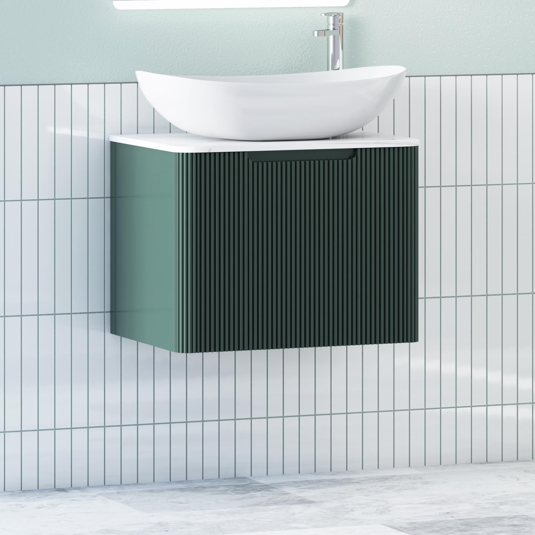 Avenza Deep Moss Green 1 Drawer Wall Hung Vanity Unit with Carrara White Undrilled Worktop & Various Countertop Basins