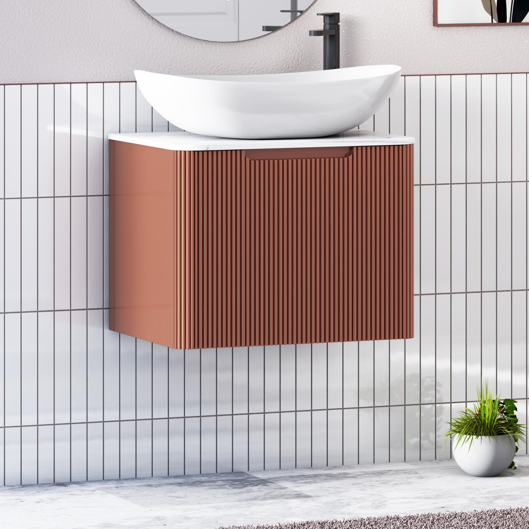 Avenza Terracotta Clay 1 Drawer Wall Hung Vanity Unit with Carrara White Undrilled Worktop & Various Countertop Basins