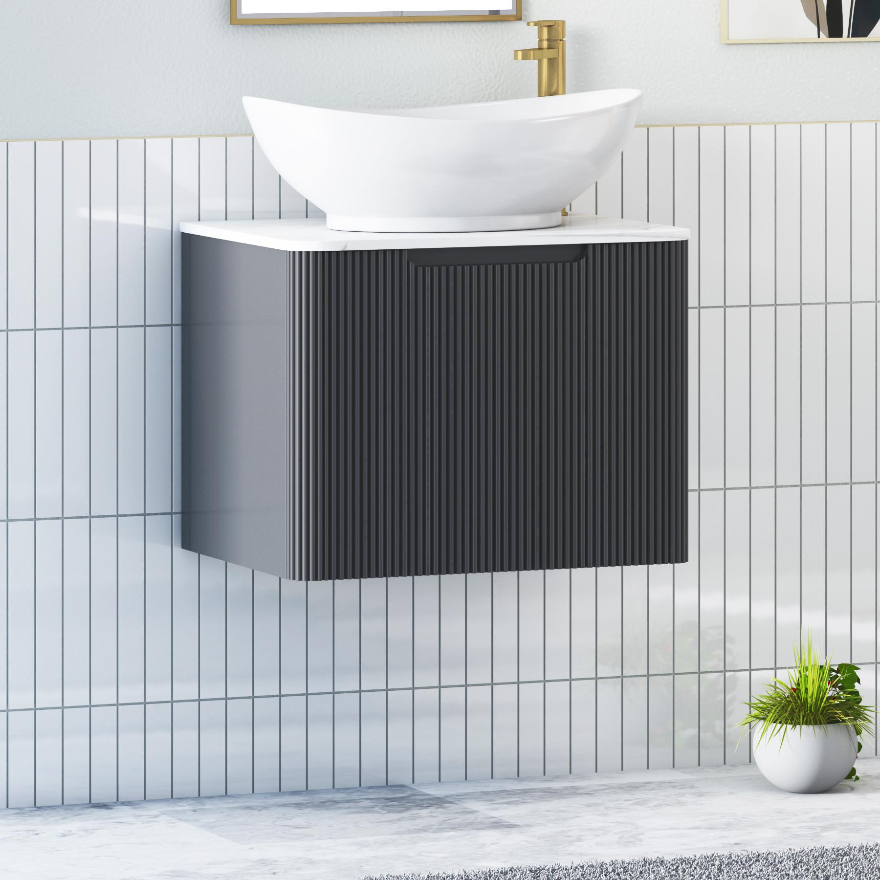 Avenza Matt Obsidian Black 1 Drawer Wall Hung Vanity Unit with Carrara White Undrilled Worktop & Various Countertop Basins