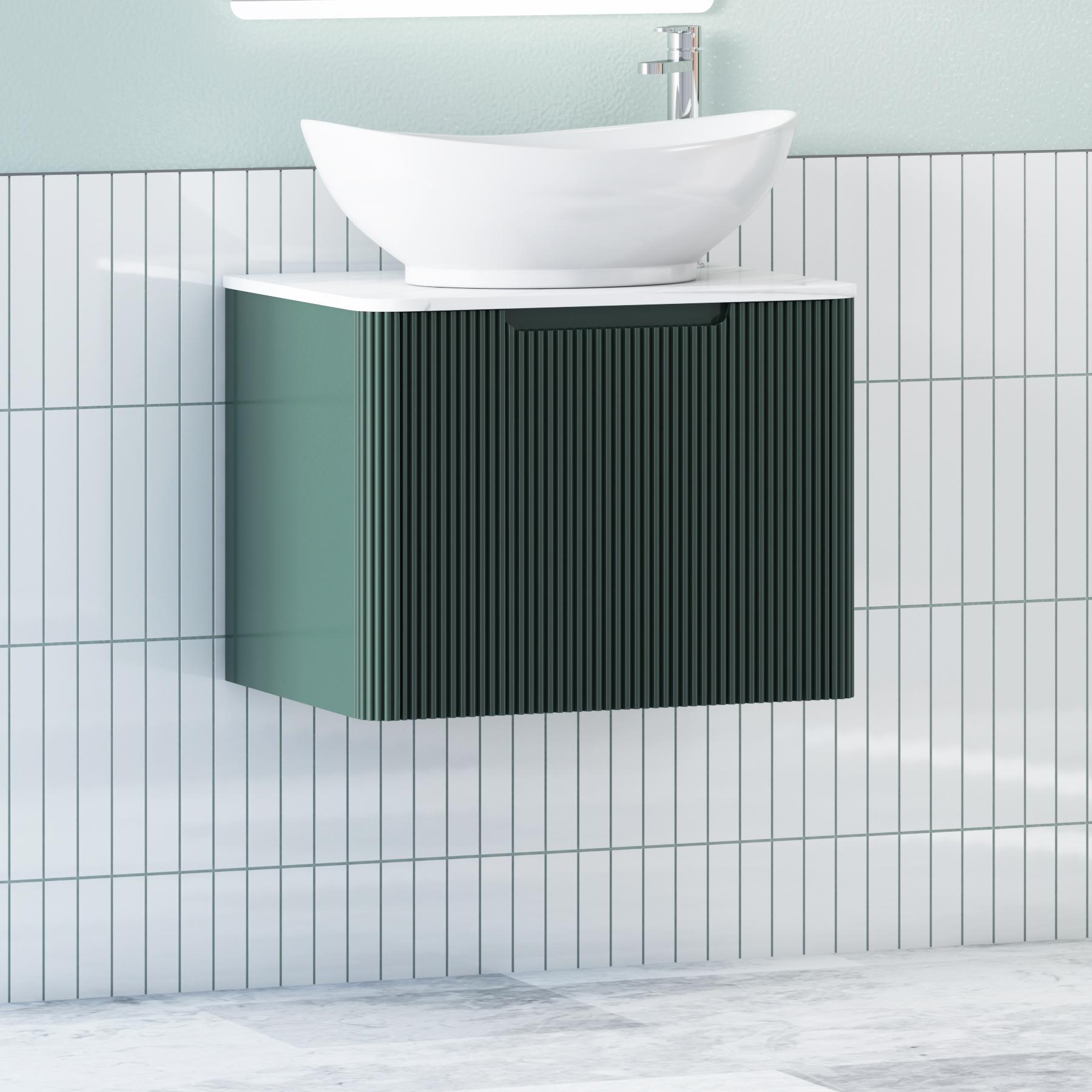 Avenza Deep Moss Green 1 Drawer Wall Hung Vanity Unit with Carrara White Undrilled Worktop & Various Countertop Basins