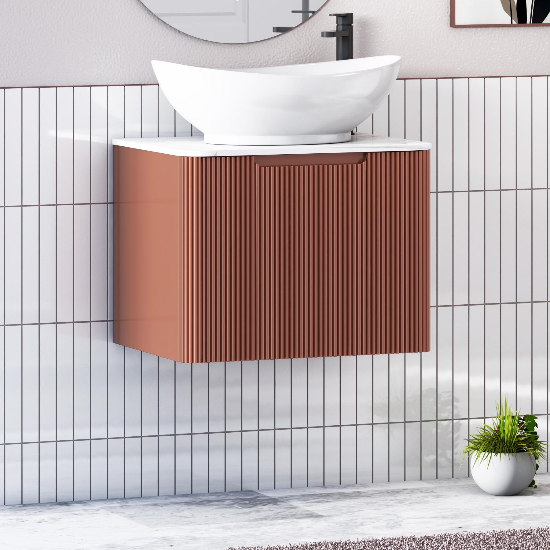 Avenza Terracotta Clay 1 Drawer Wall Hung Vanity Unit with Carrara White Undrilled Worktop & Various Countertop Basins