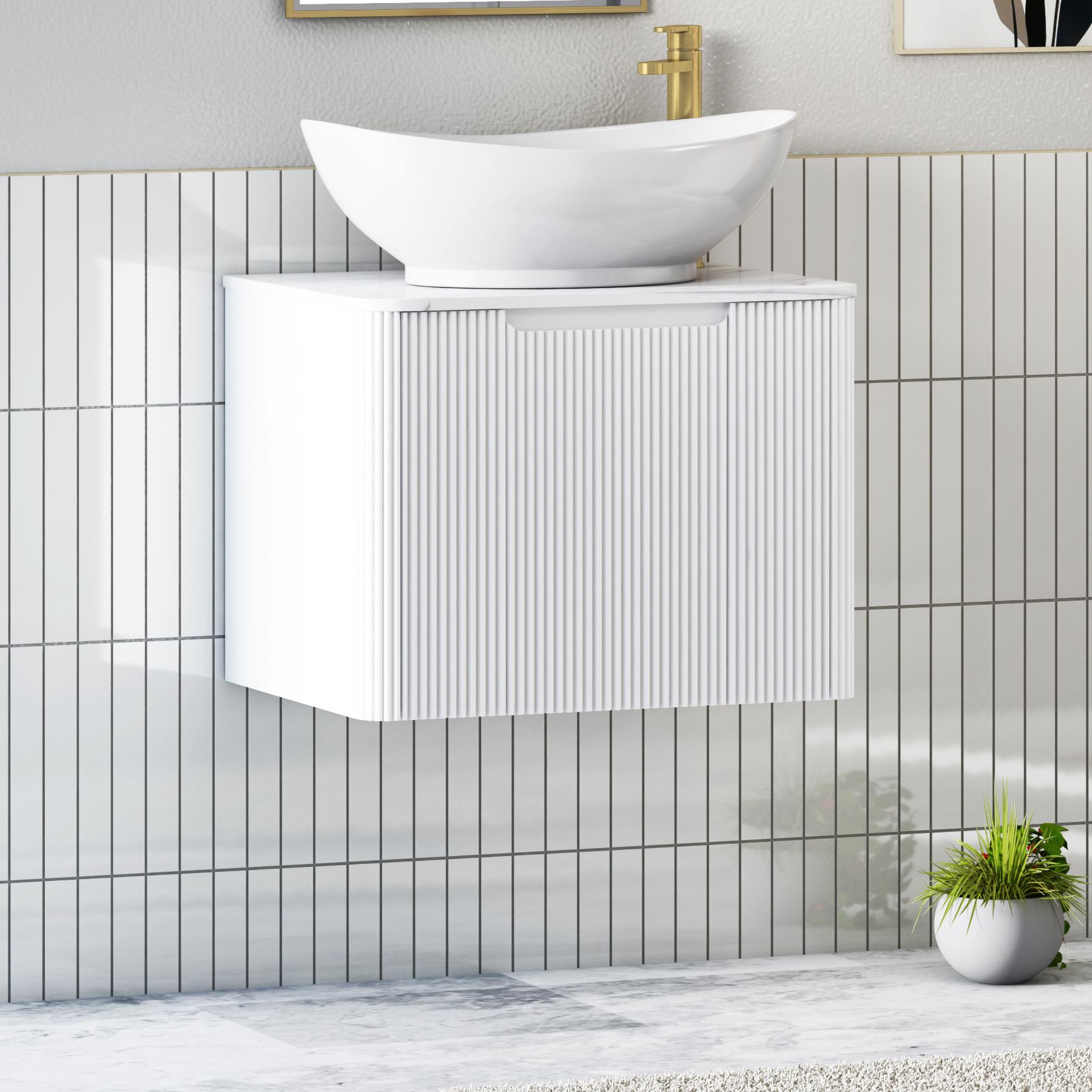Avenza Matt White 1 Drawer Wall Hung Vanity Unit with Carrara White Undrilled Worktop & Various Countertop Basins