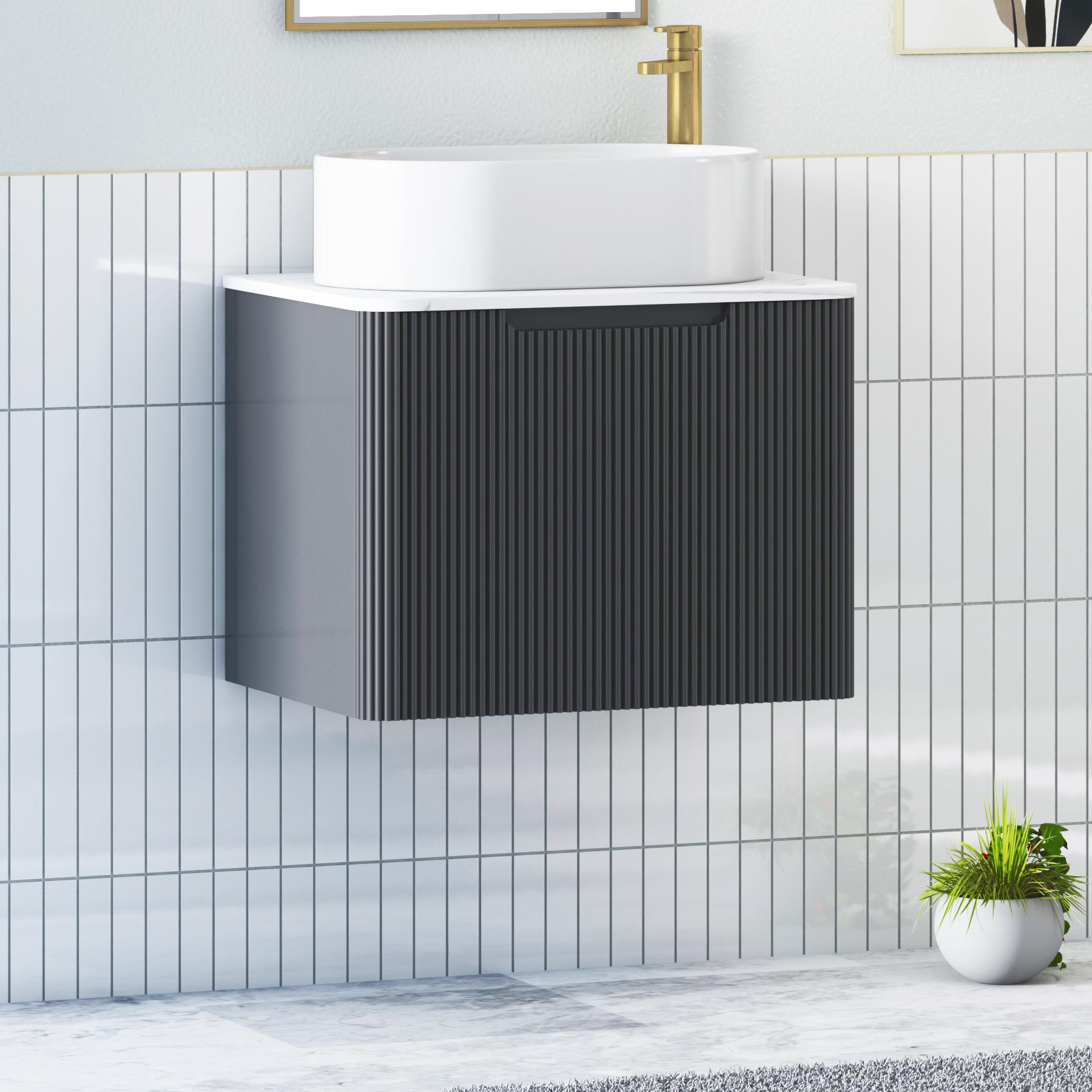 Avenza Matt Obsidian Black 1 Drawer Wall Hung Vanity Unit with Carrara White Undrilled Worktop & Various Countertop Basins