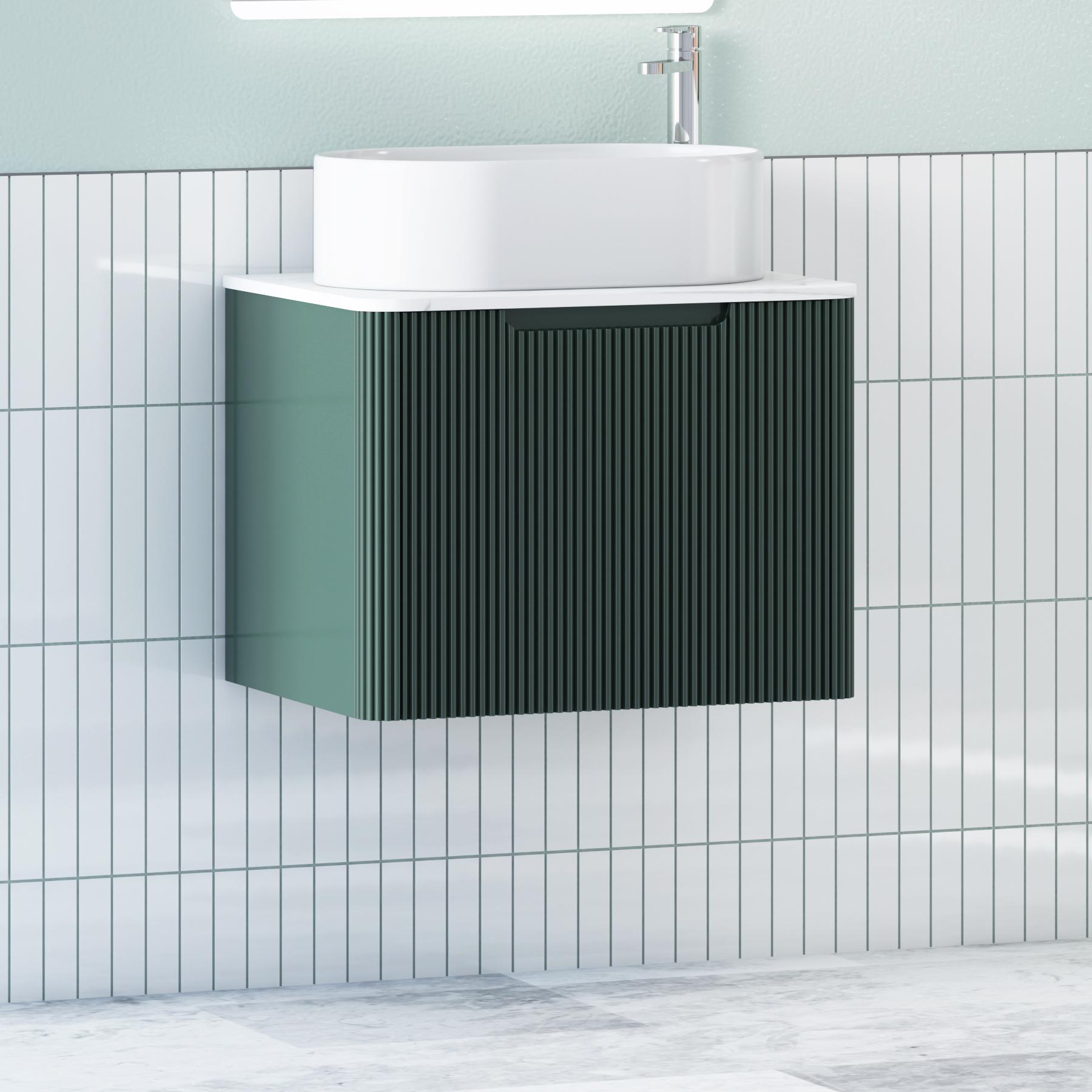 Avenza Deep Moss Green 1 Drawer Wall Hung Vanity Unit with Carrara White Undrilled Worktop & Various Countertop Basins