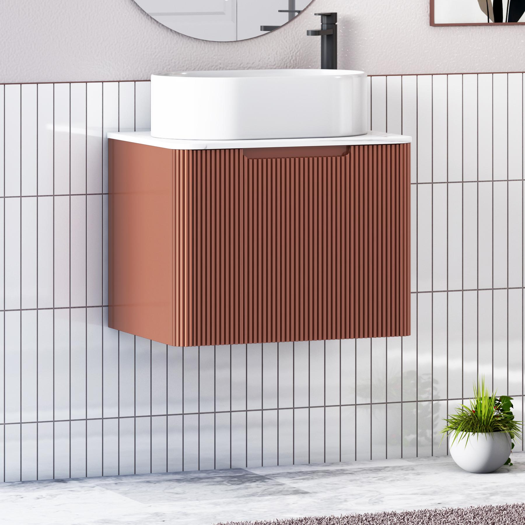 Avenza Terracotta Clay 1 Drawer Wall Hung Vanity Unit with Carrara White Undrilled Worktop & Various Countertop Basins