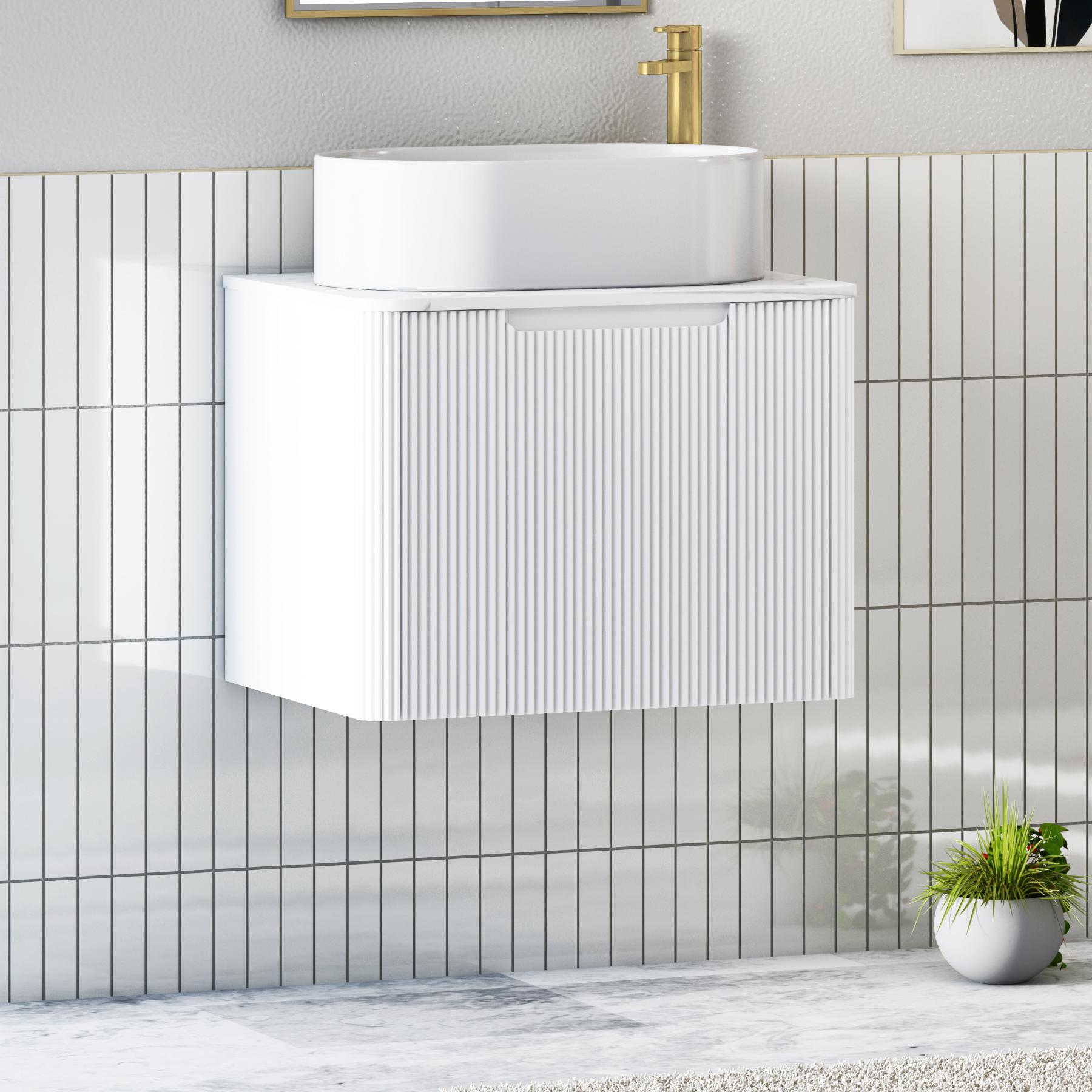 Avenza Matt White 1 Drawer Wall Hung Vanity Unit with Carrara White Undrilled Worktop & Various Countertop Basins