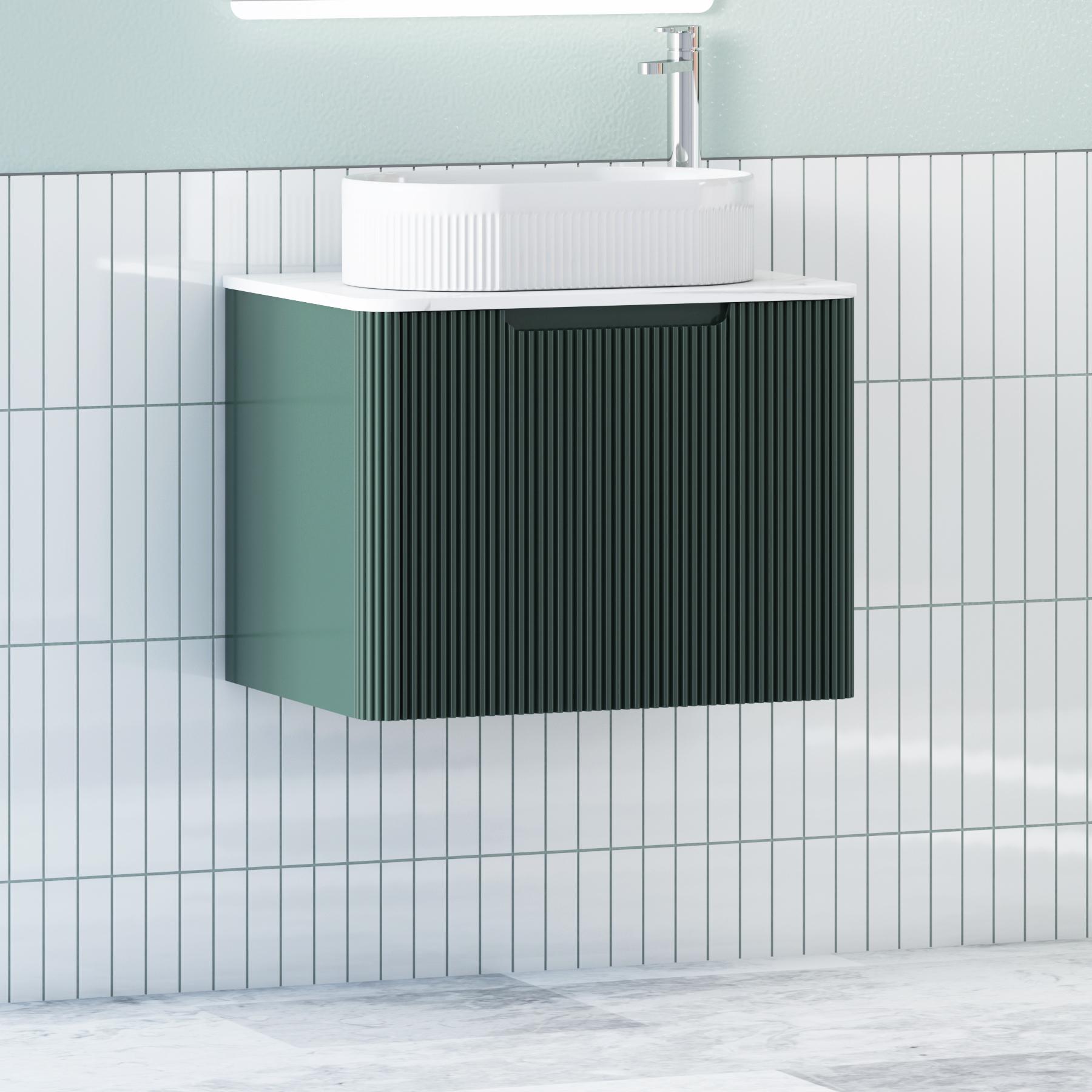 Avenza Deep Moss Green 1 Drawer Wall Hung Vanity Unit with Carrara White Undrilled Worktop & Various Countertop Basins