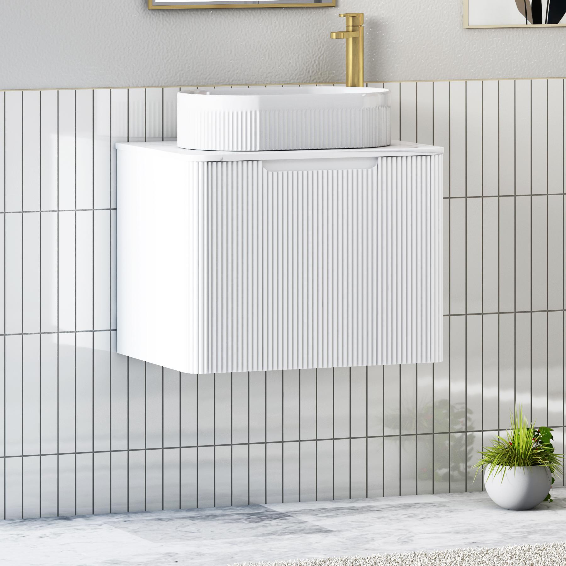 Avenza Matt White 1 Drawer Wall Hung Vanity Unit with Carrara White Undrilled Worktop & Various Countertop Basins