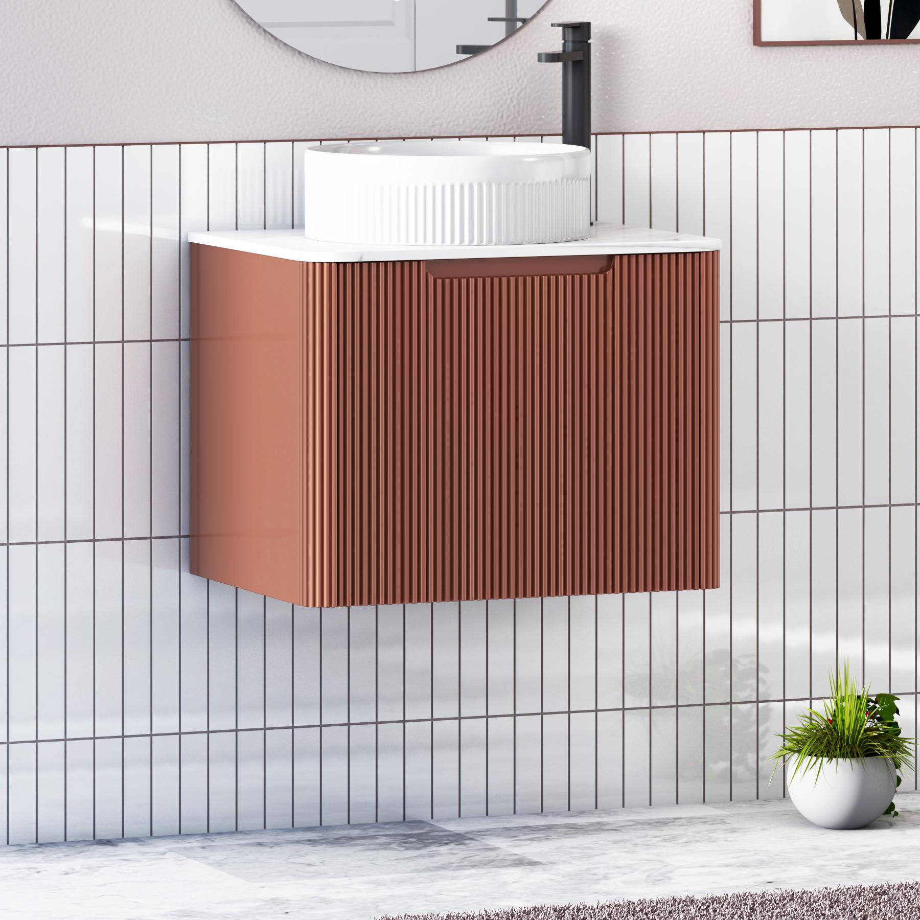 Avenza Terracotta Clay 1 Drawer Wall Hung Vanity Unit with Carrara White Undrilled Worktop & Various Countertop Basins