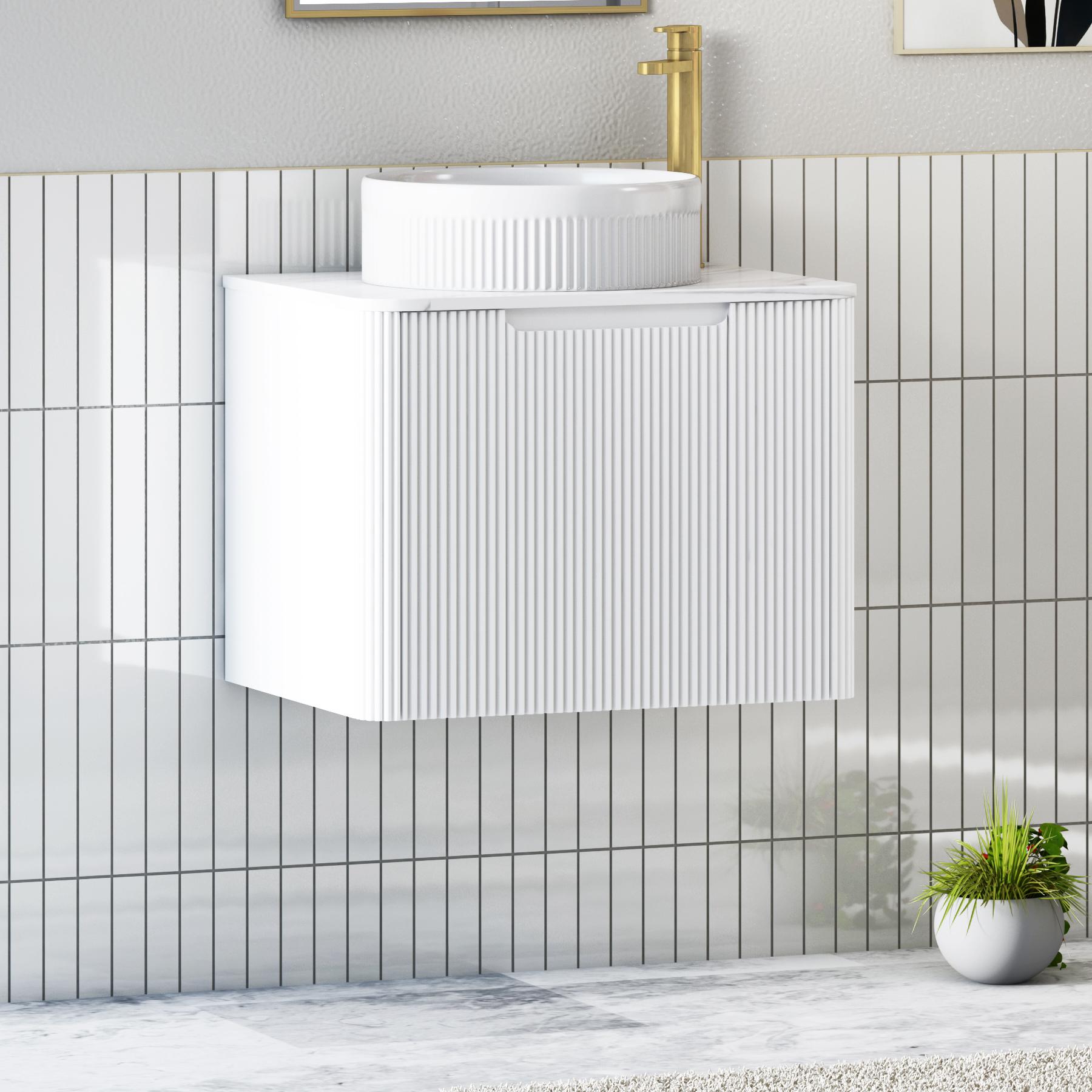 Avenza Matt White 1 Drawer Wall Hung Vanity Unit with Carrara White Undrilled Worktop & Various Countertop Basins
