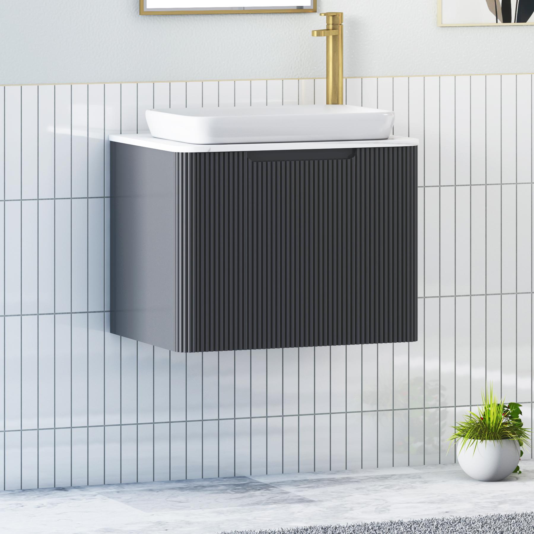 Avenza Matt Obsidian Black 1 Drawer Wall Hung Vanity Unit with Carrara White Undrilled Worktop & Various Countertop Basins