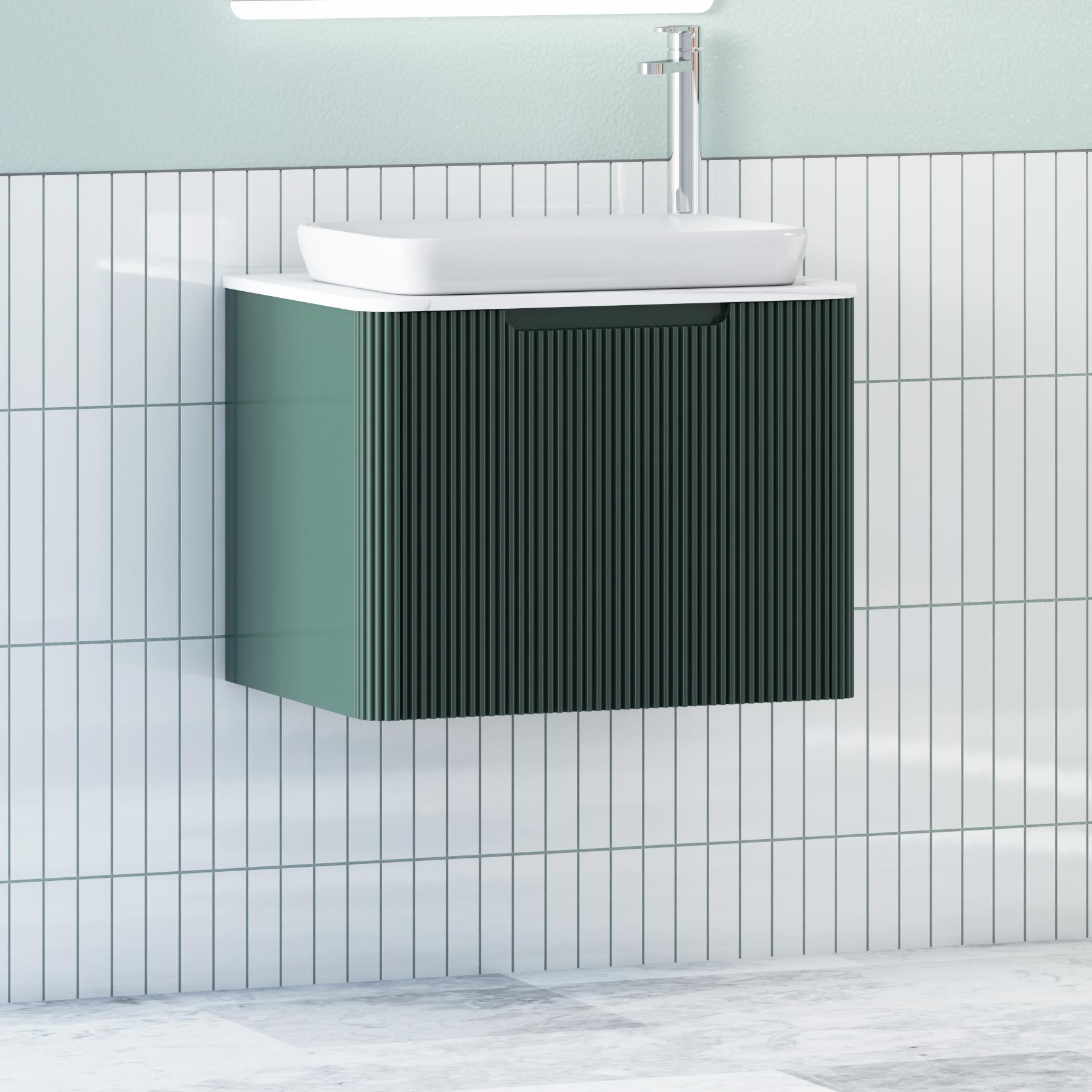 Avenza Deep Moss Green 1 Drawer Wall Hung Vanity Unit with Carrara White Undrilled Worktop & Various Countertop Basins