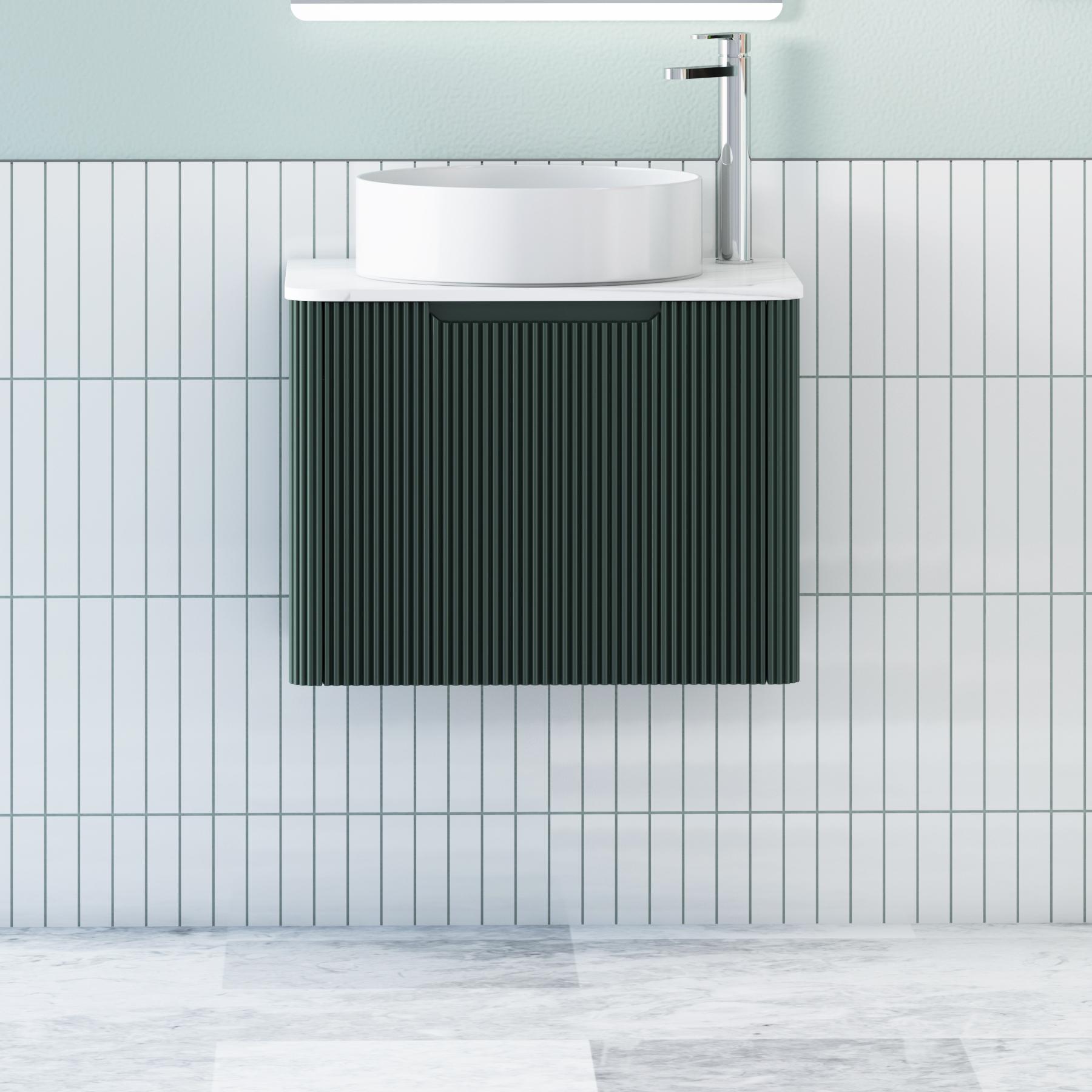 Avenza Deep Moss Green 1 Drawer Wall Hung Vanity Unit with Carrara White Undrilled Worktop & Various Countertop Basins