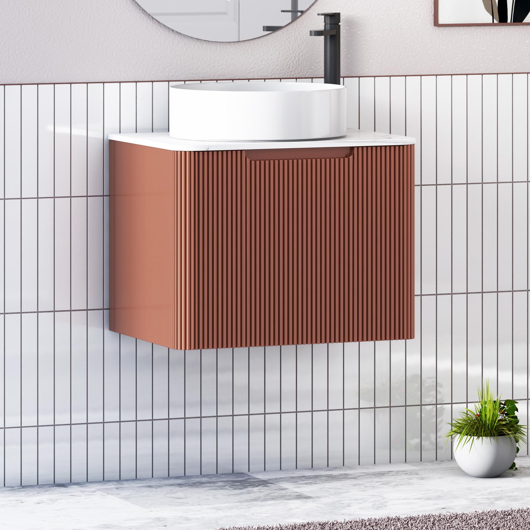 Avenza Terracotta Clay 1 Drawer Wall Hung Vanity Unit with Carrara White Undrilled Worktop & Various Countertop Basins