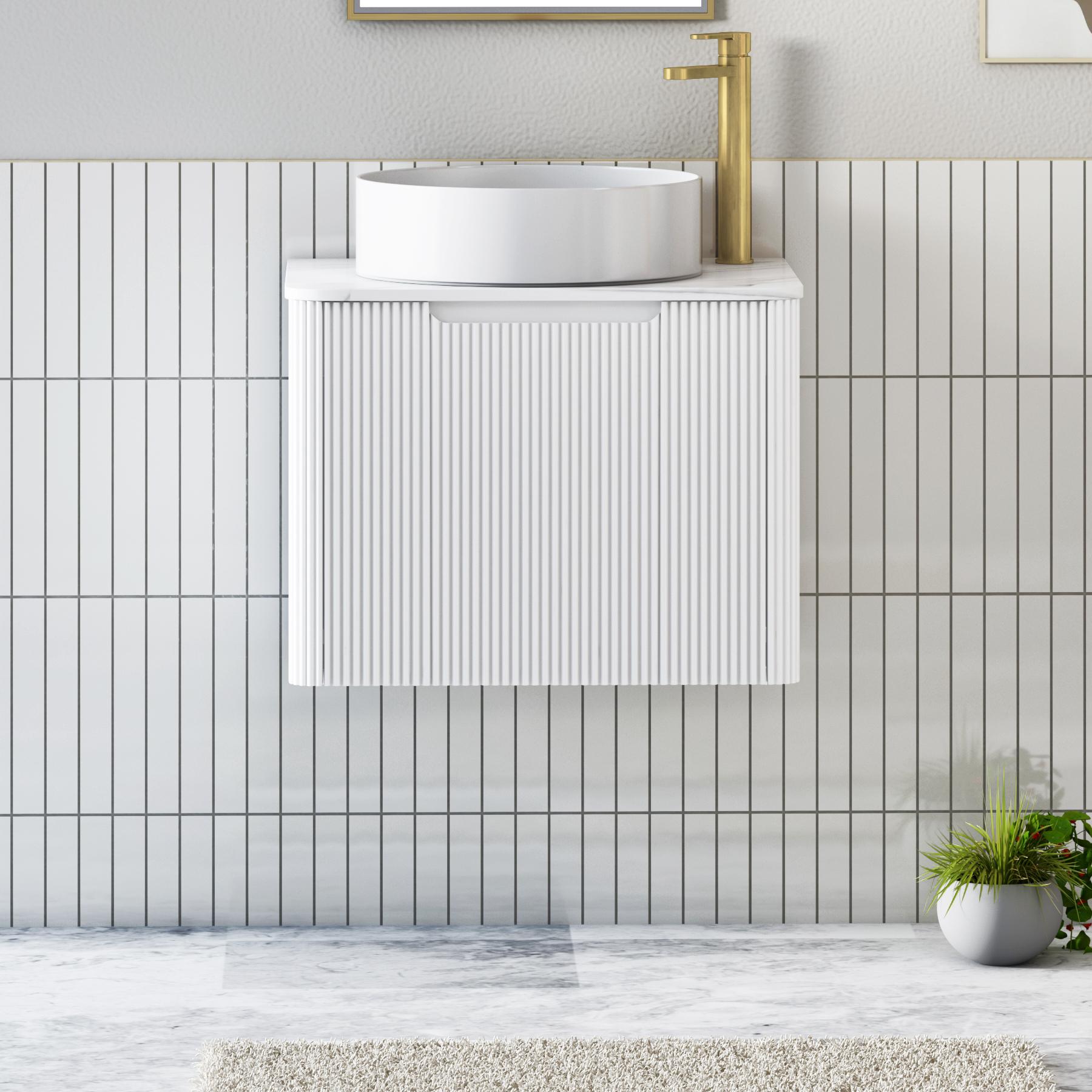 Avenza Matt White 1 Drawer Wall Hung Vanity Unit with Carrara White Undrilled Worktop & Various Countertop Basins