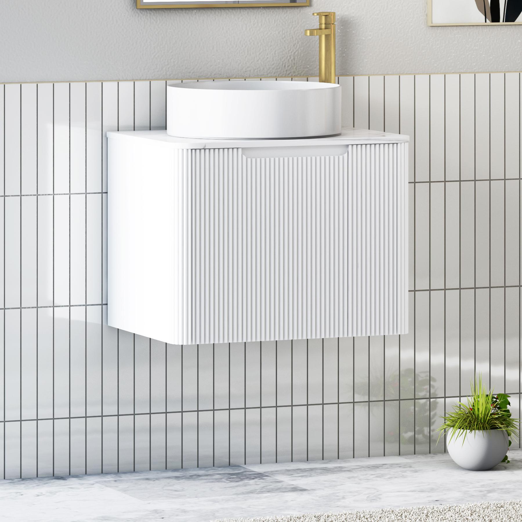 Avenza Matt White 1 Drawer Wall Hung Vanity Unit with Carrara White Undrilled Worktop & Various Countertop Basins