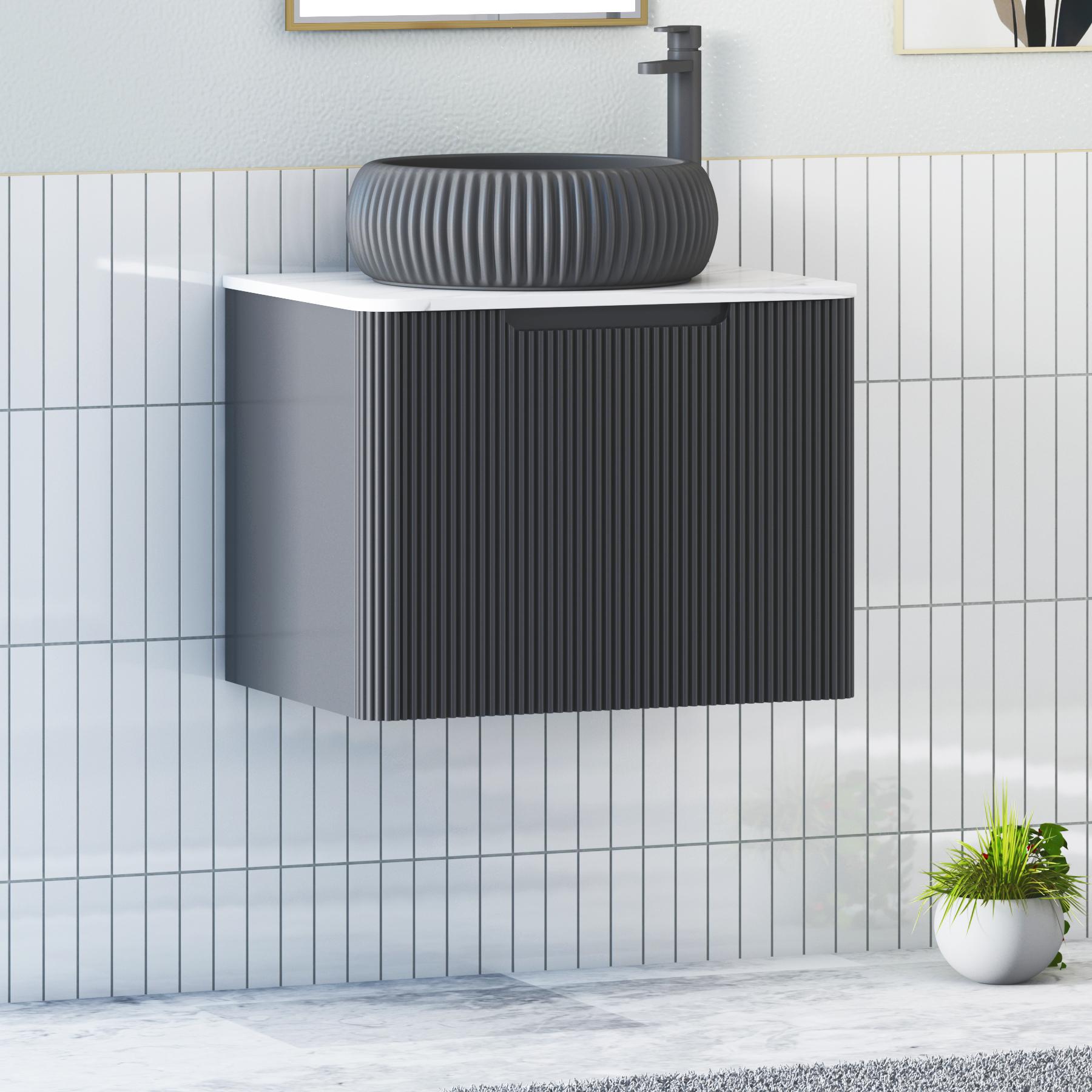 Avenza Matt Obsidian Black 1 Drawer Wall Hung Vanity Unit with Carrara White Undrilled Worktop & Various Countertop Basins