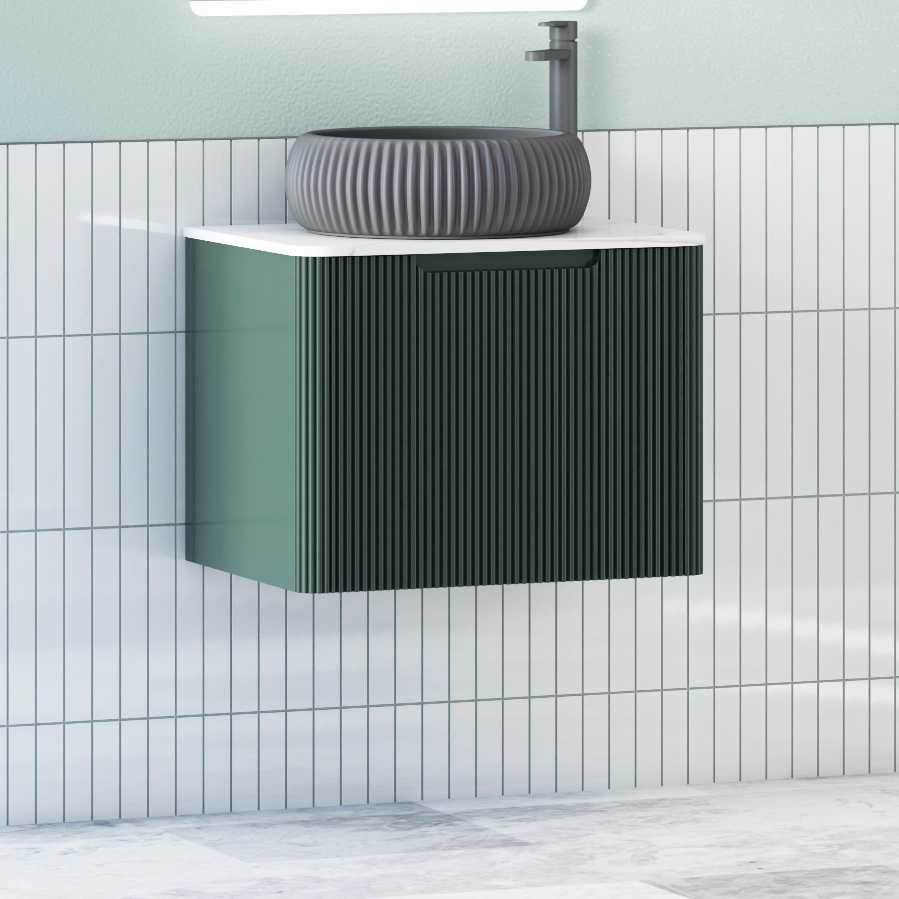 Avenza Deep Moss Green 1 Drawer Wall Hung Vanity Unit with Carrara White Undrilled Worktop & Various Countertop Basins