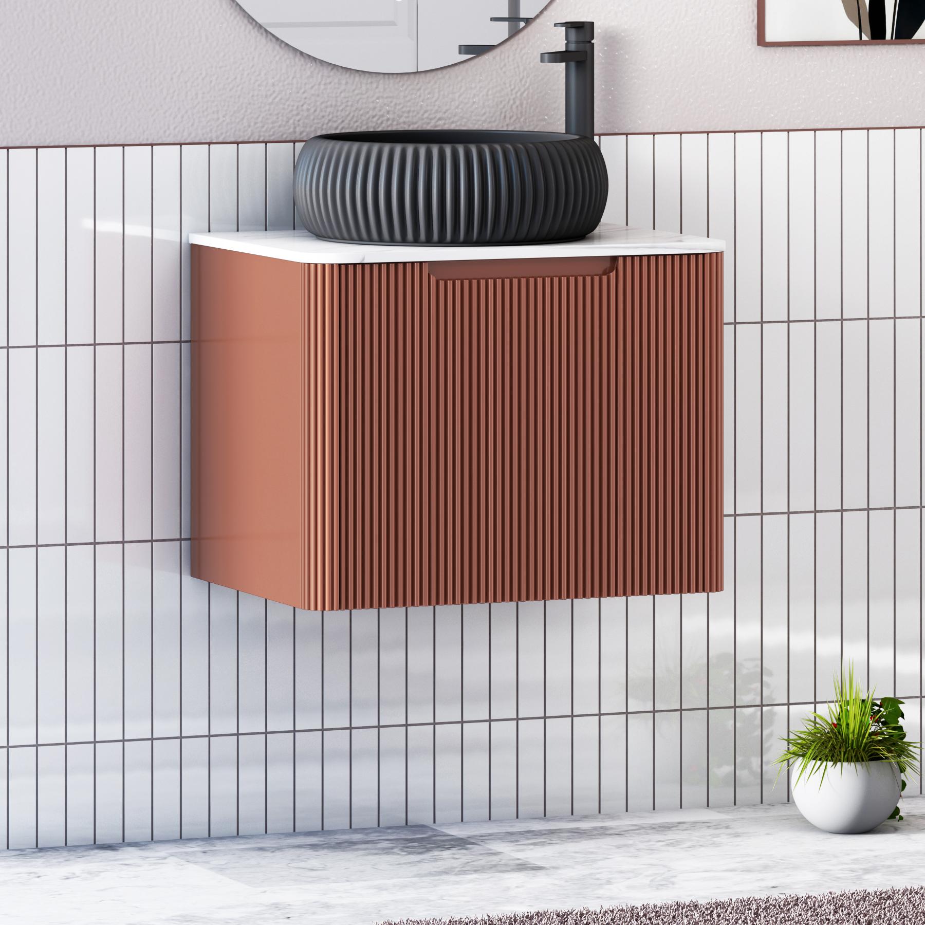 Avenza Terracotta Clay 1 Drawer Wall Hung Vanity Unit with Carrara White Undrilled Worktop & Various Countertop Basins