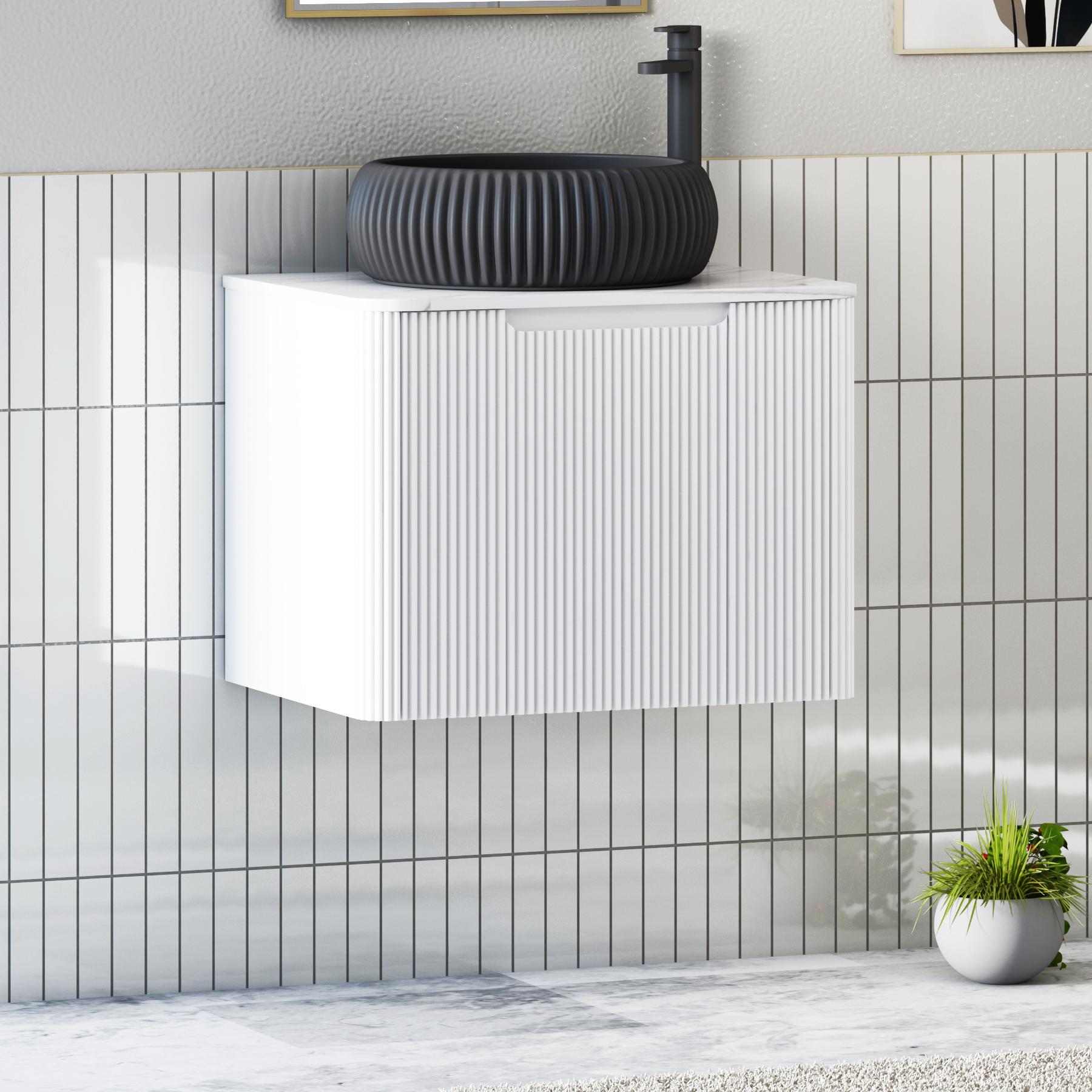 Avenza Matt White 1 Drawer Wall Hung Vanity Unit with Carrara White Undrilled Worktop & Various Countertop Basins