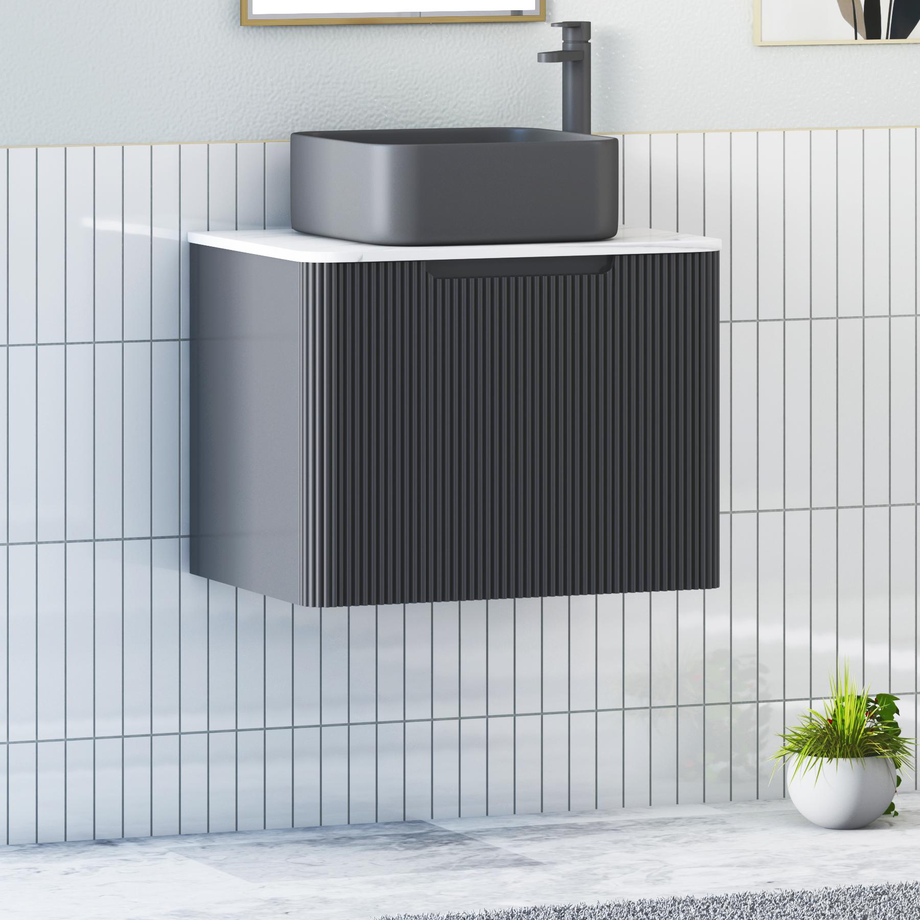 Avenza Matt Obsidian Black 1 Drawer Wall Hung Vanity Unit with Carrara White Undrilled Worktop & Various Countertop Basins