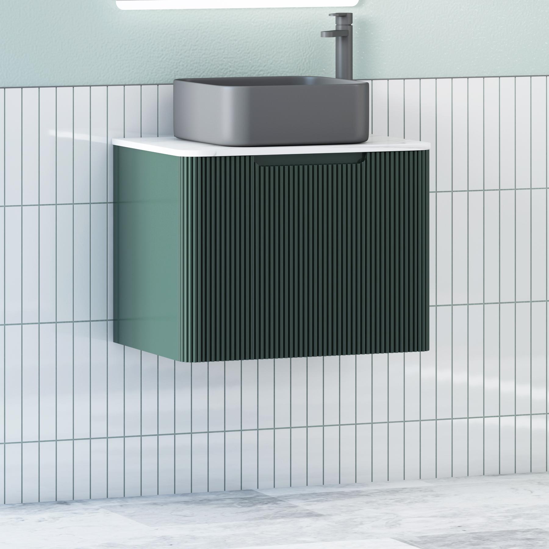 Avenza Deep Moss Green 1 Drawer Wall Hung Vanity Unit with Carrara White Undrilled Worktop & Various Countertop Basins