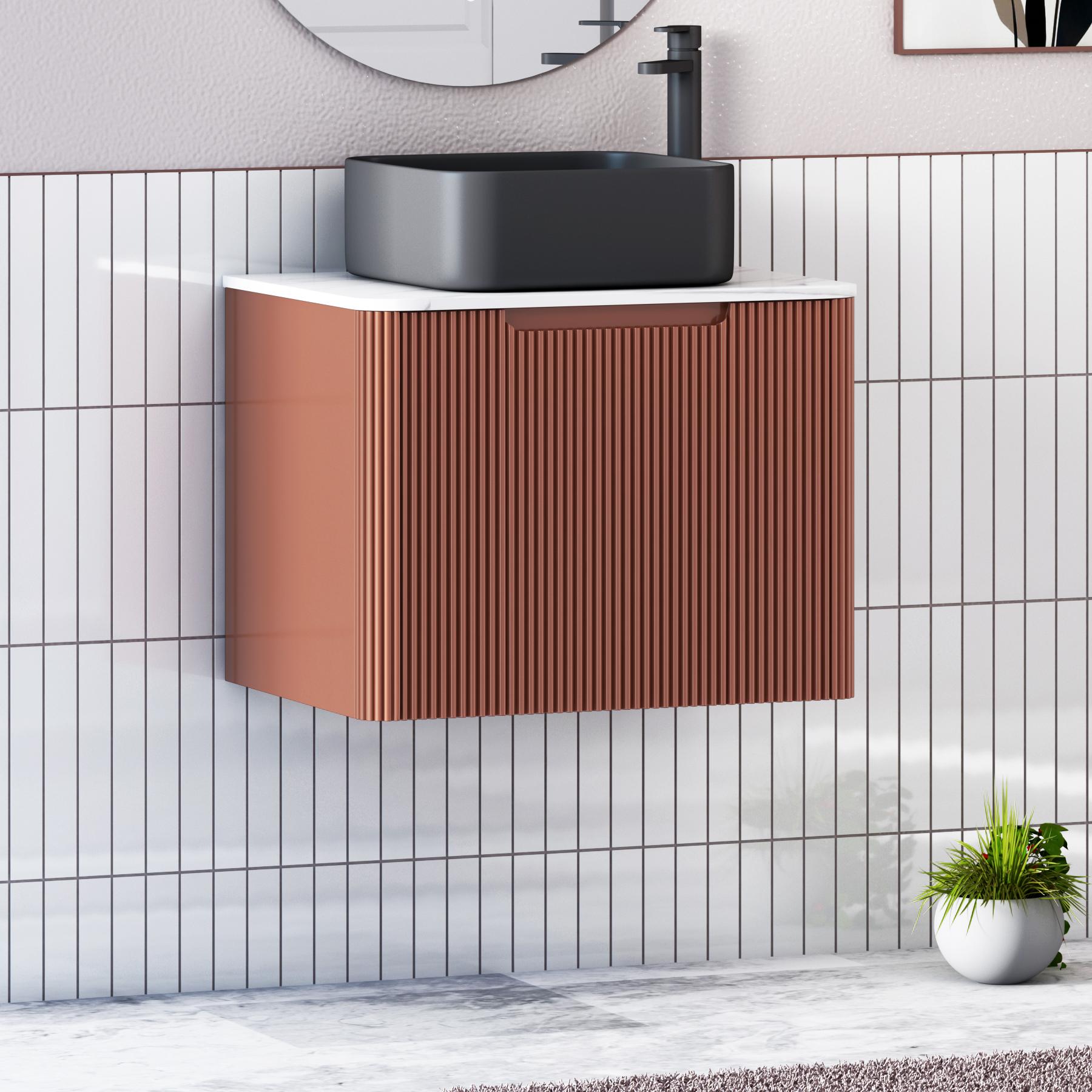 Avenza Terracotta Clay 1 Drawer Wall Hung Vanity Unit with Carrara White Undrilled Worktop & Various Countertop Basins