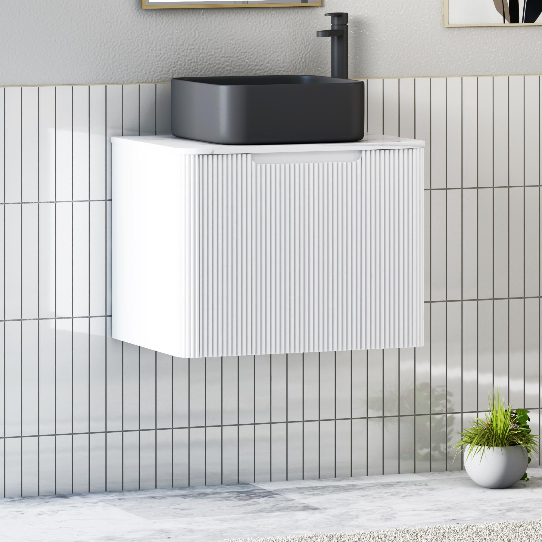 Avenza Matt White 1 Drawer Wall Hung Vanity Unit with Carrara White Undrilled Worktop & Various Countertop Basins