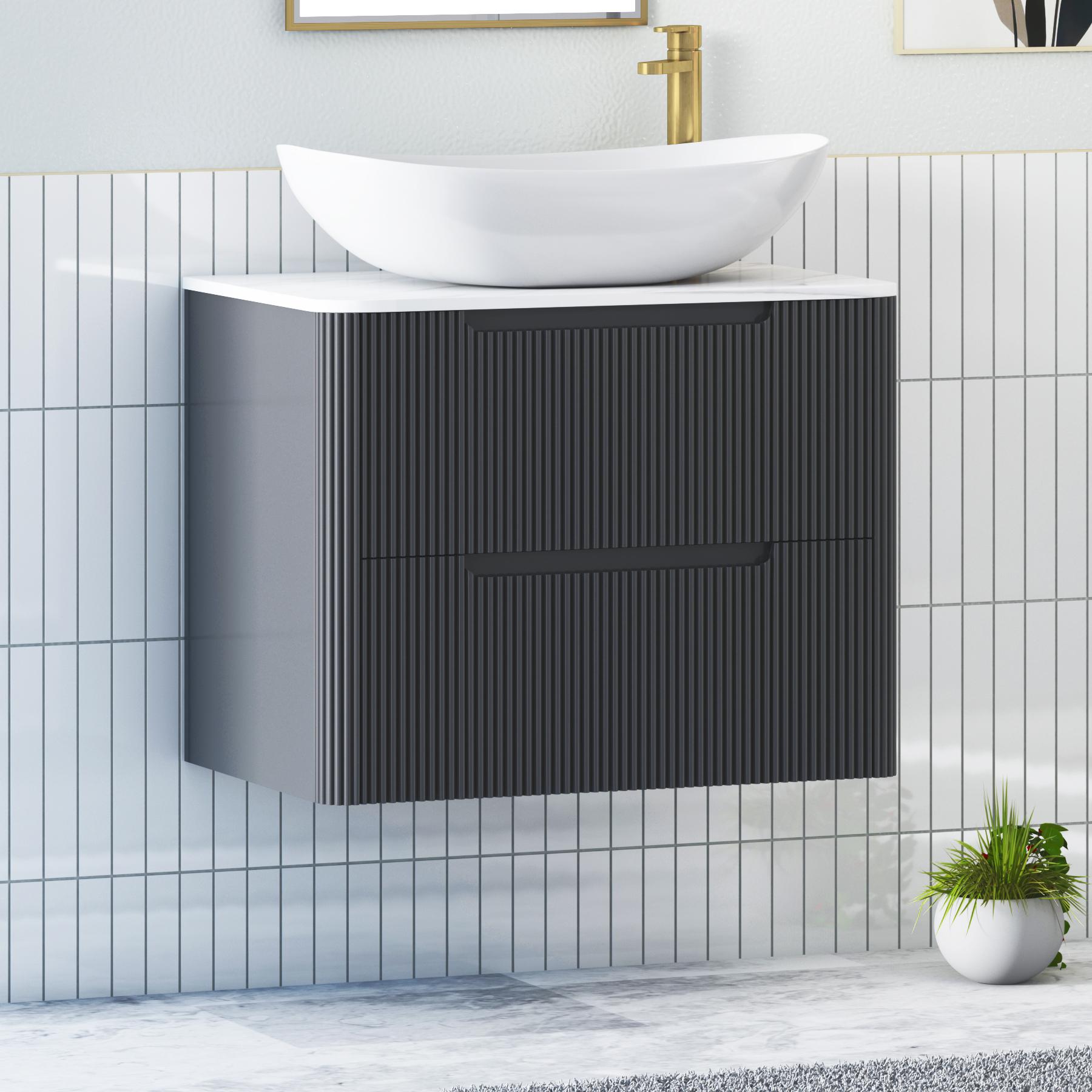Avenza Matt Obsidian Black 2 Drawer Wall Hung Vanity Unit with Carrara White Undrilled Worktop & Various Countertop Basins
