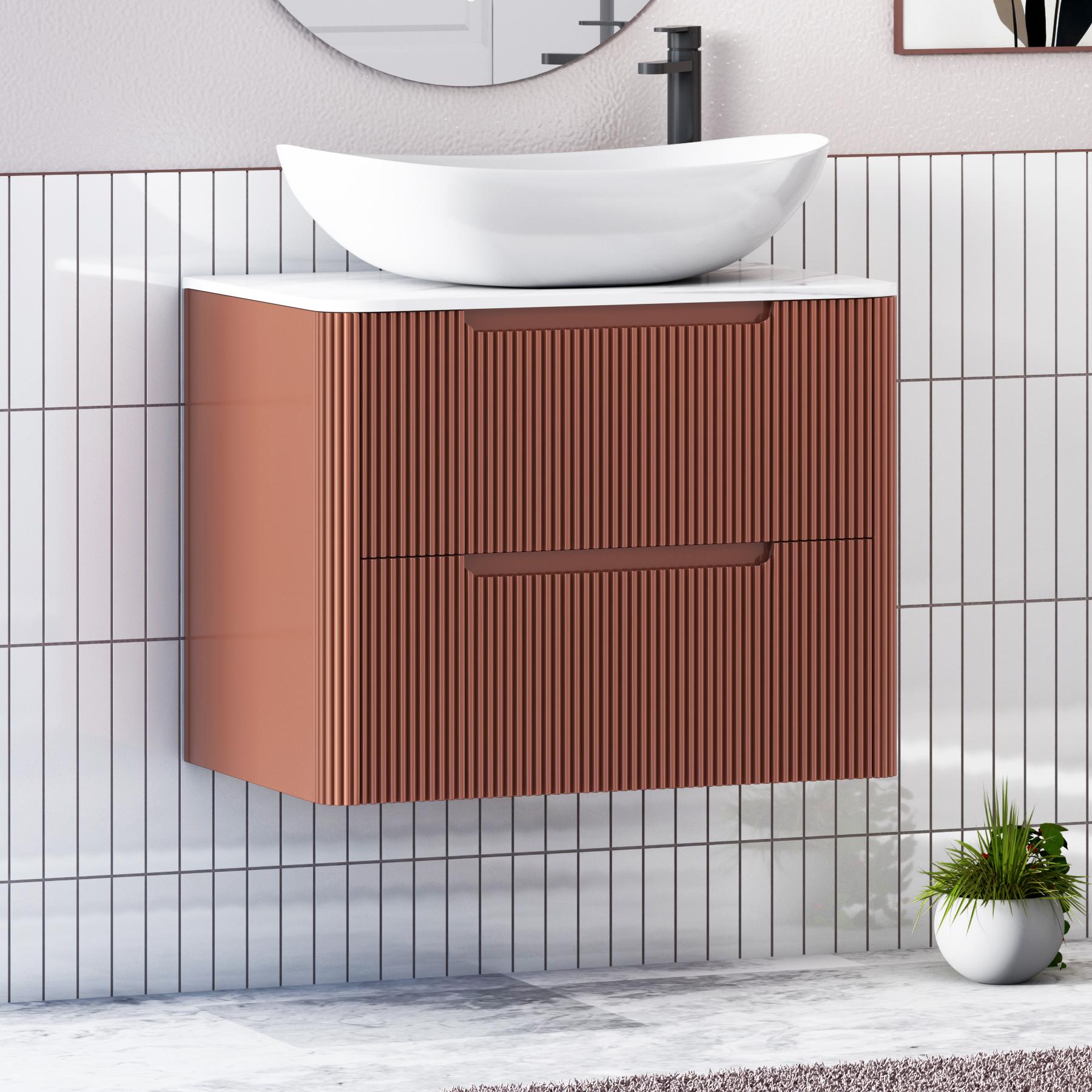 Avenza Terracotta Clay 2 Drawer Wall Hung Vanity Unit with Carrara White Undrilled Worktop & Various Countertop Basins