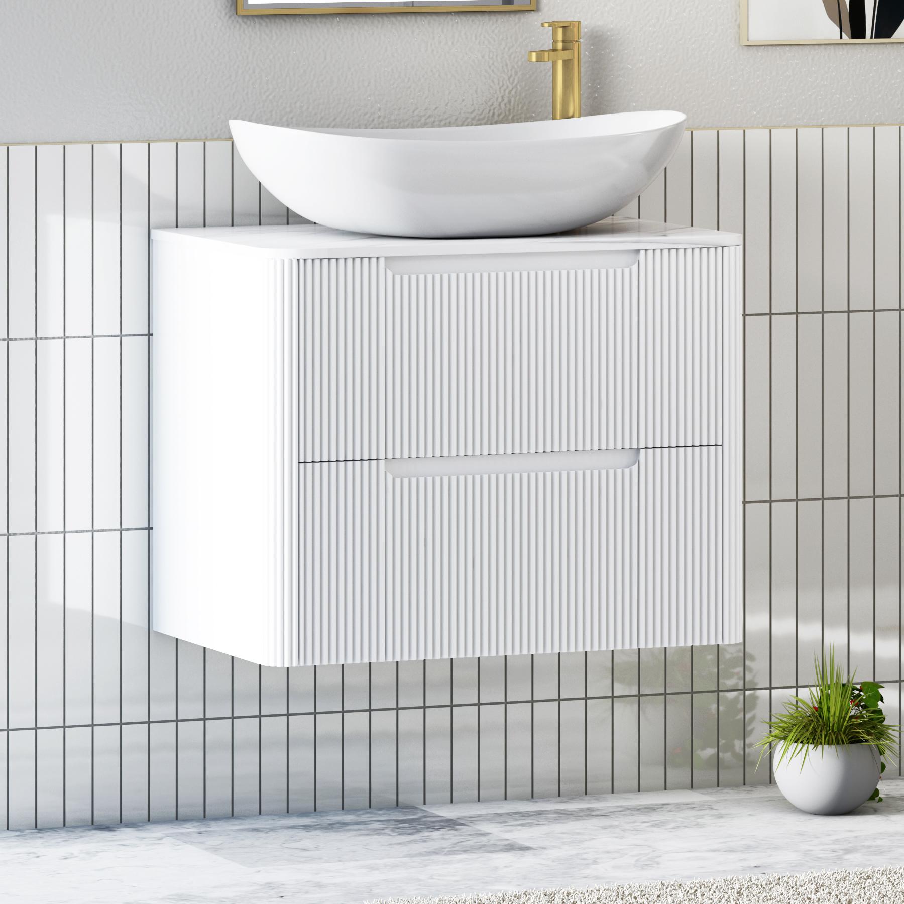 Avenza Matt White 2 Drawer Wall Hung Vanity Unit with Carrara White Undrilled Worktop & Various Countertop Basins