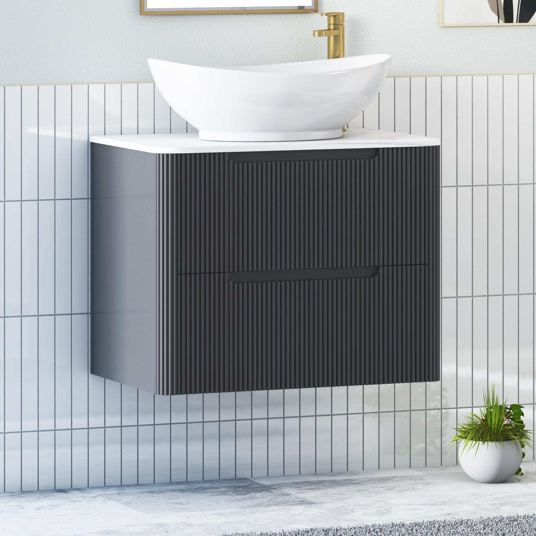 Avenza Matt Obsidian Black 2 Drawer Wall Hung Vanity Unit with Carrara White Undrilled Worktop & Various Countertop Basins