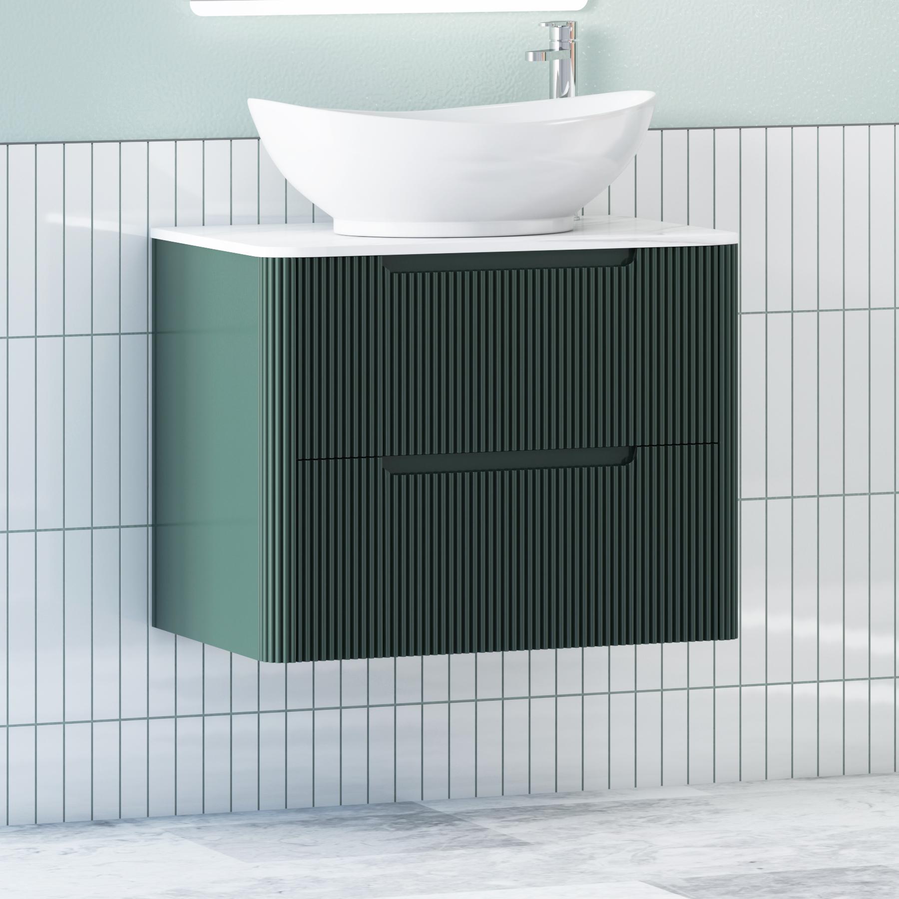 Avenza Deep Moss Green 2 Drawer Wall Hung Vanity Unit with Carrara White Undrilled Worktop & Various Countertop Basins