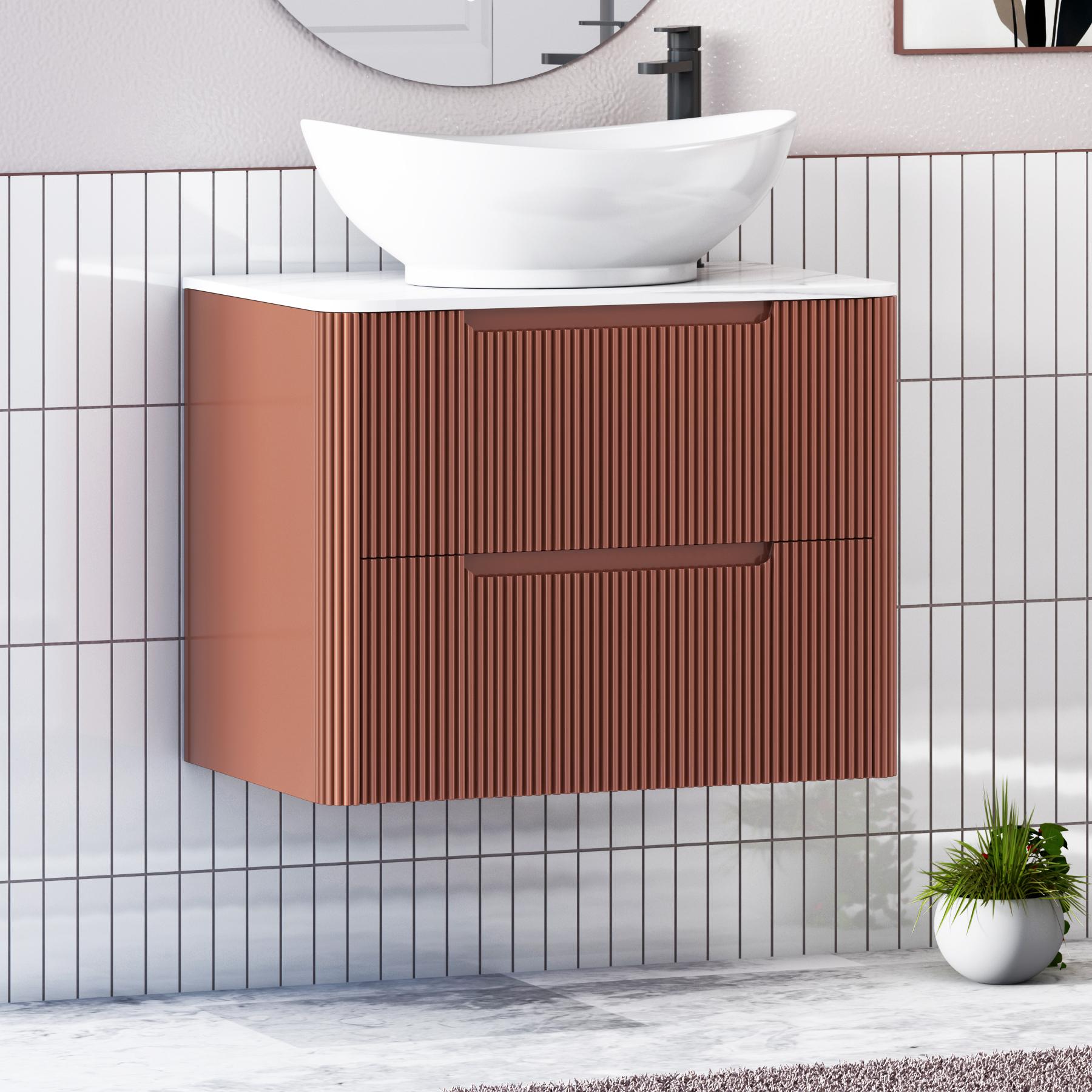 Avenza Terracotta Clay 2 Drawer Wall Hung Vanity Unit with Carrara White Undrilled Worktop & Various Countertop Basins