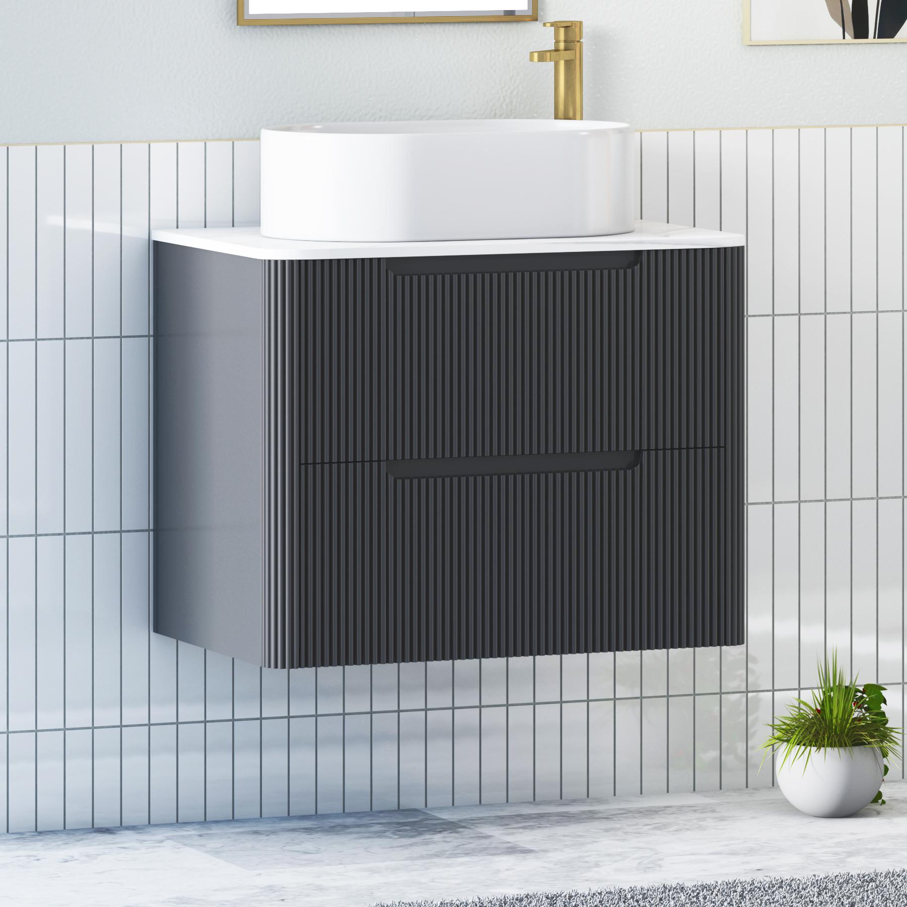 Avenza Matt Obsidian Black 2 Drawer Wall Hung Vanity Unit with Carrara White Undrilled Worktop & Various Countertop Basins