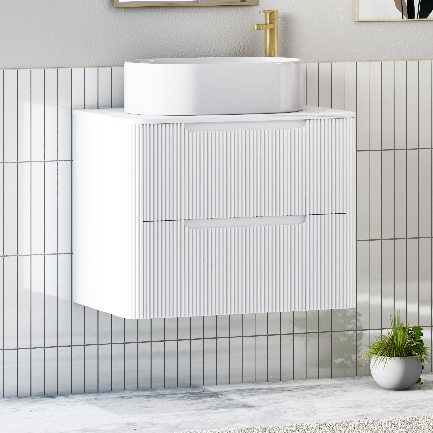Avenza Matt White 2 Drawer Wall Hung Vanity Unit with Carrara White Undrilled Worktop & Various Countertop Basins