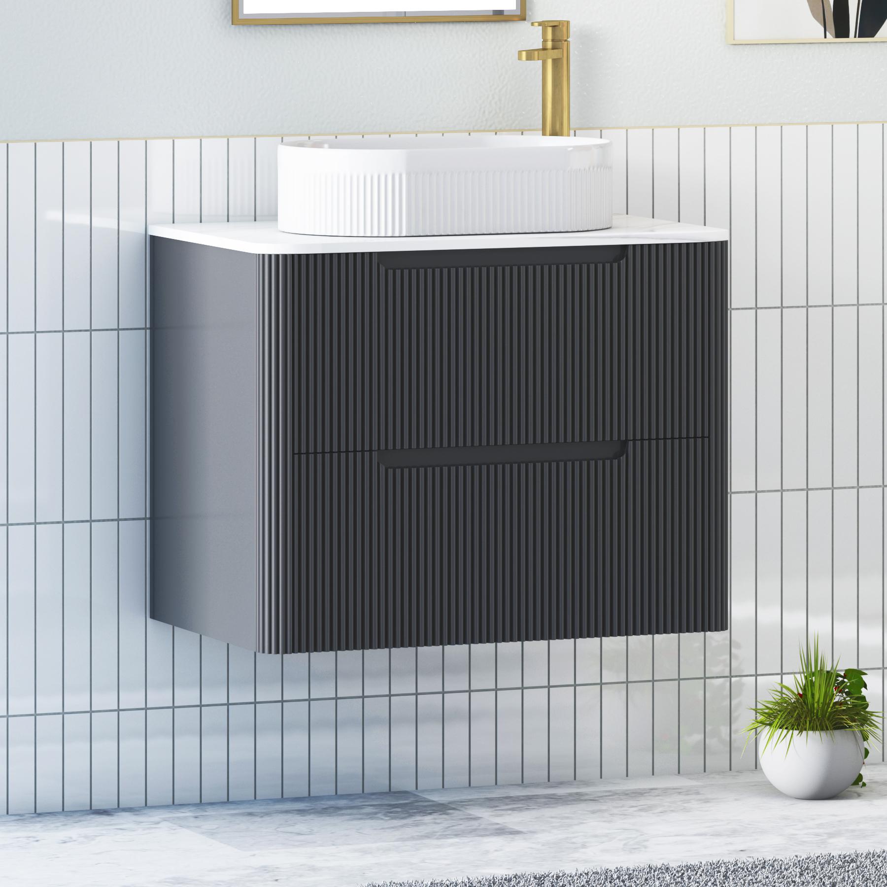 Avenza Matt Obsidian Black 2 Drawer Wall Hung Vanity Unit with Carrara White Undrilled Worktop & Various Countertop Basins