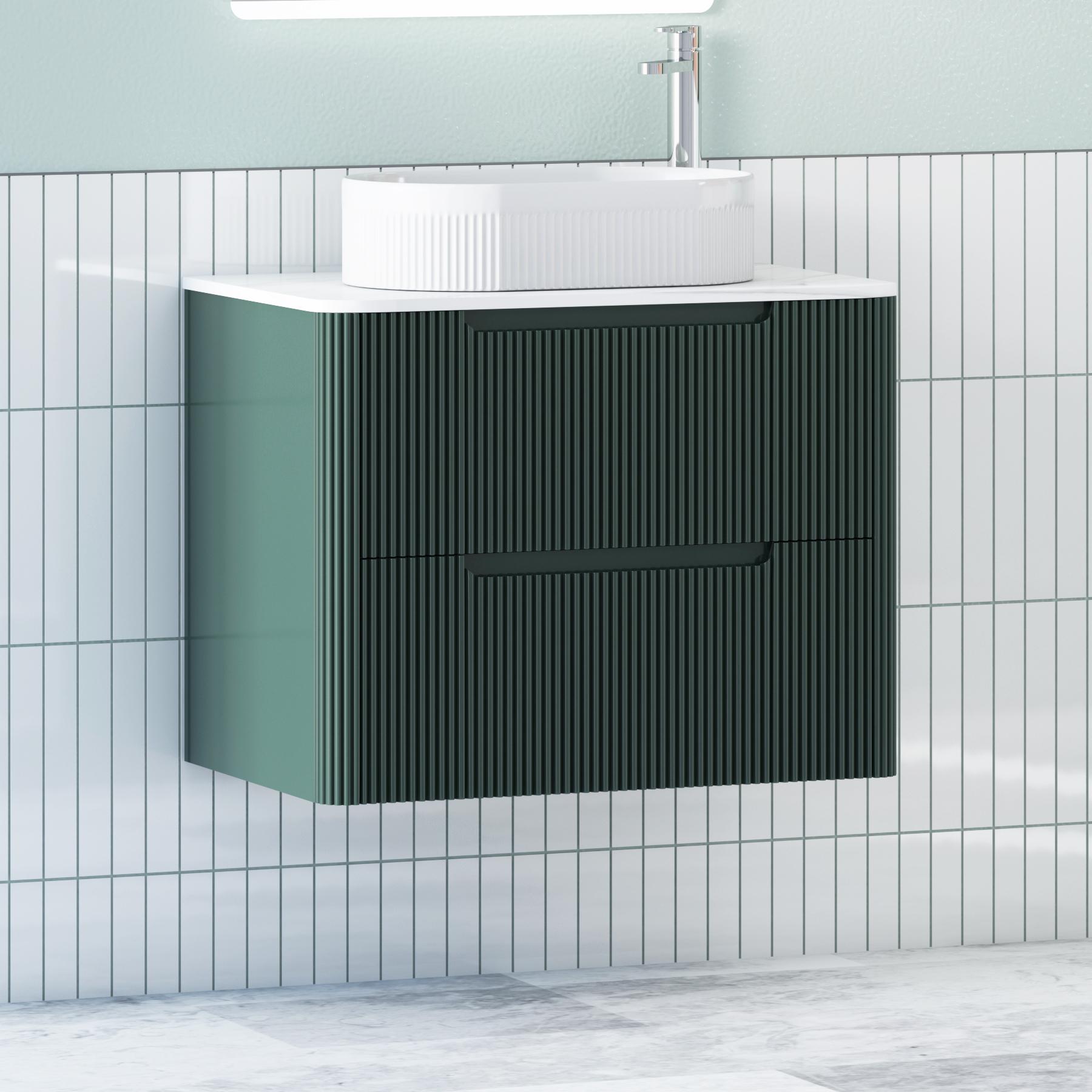 Avenza Deep Moss Green 2 Drawer Wall Hung Vanity Unit with Carrara White Undrilled Worktop & Various Countertop Basins