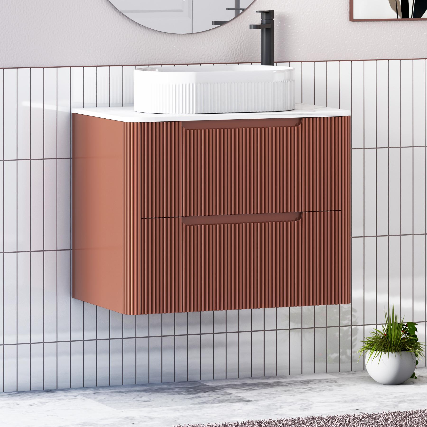 Avenza Terracotta Clay 2 Drawer Wall Hung Vanity Unit with Carrara White Undrilled Worktop & Various Countertop Basins