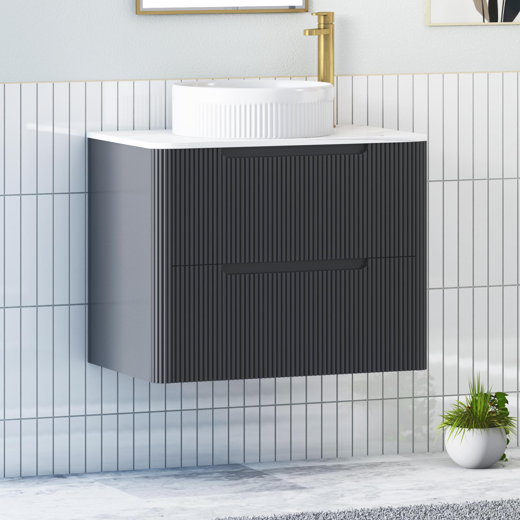 Avenza Matt Obsidian Black 2 Drawer Wall Hung Vanity Unit with Carrara White Undrilled Worktop & Various Countertop Basins