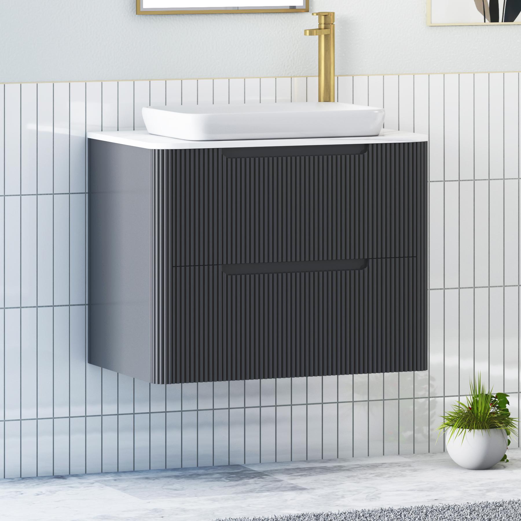 Avenza Matt Obsidian Black 2 Drawer Wall Hung Vanity Unit with Carrara White Undrilled Worktop & Various Countertop Basins