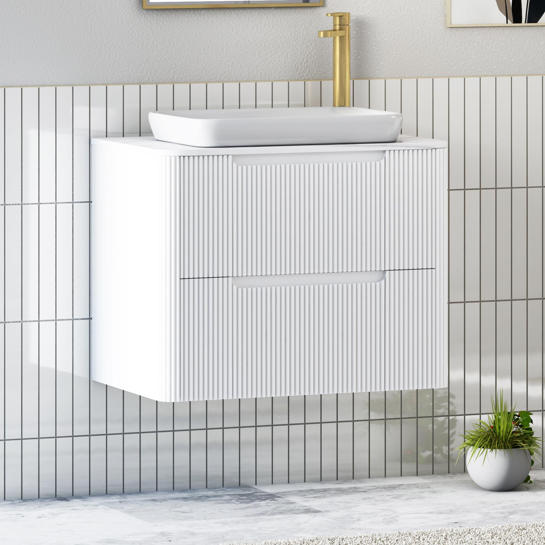Avenza Matt White 2 Drawer Wall Hung Vanity Unit with Carrara White Undrilled Worktop & Various Countertop Basins