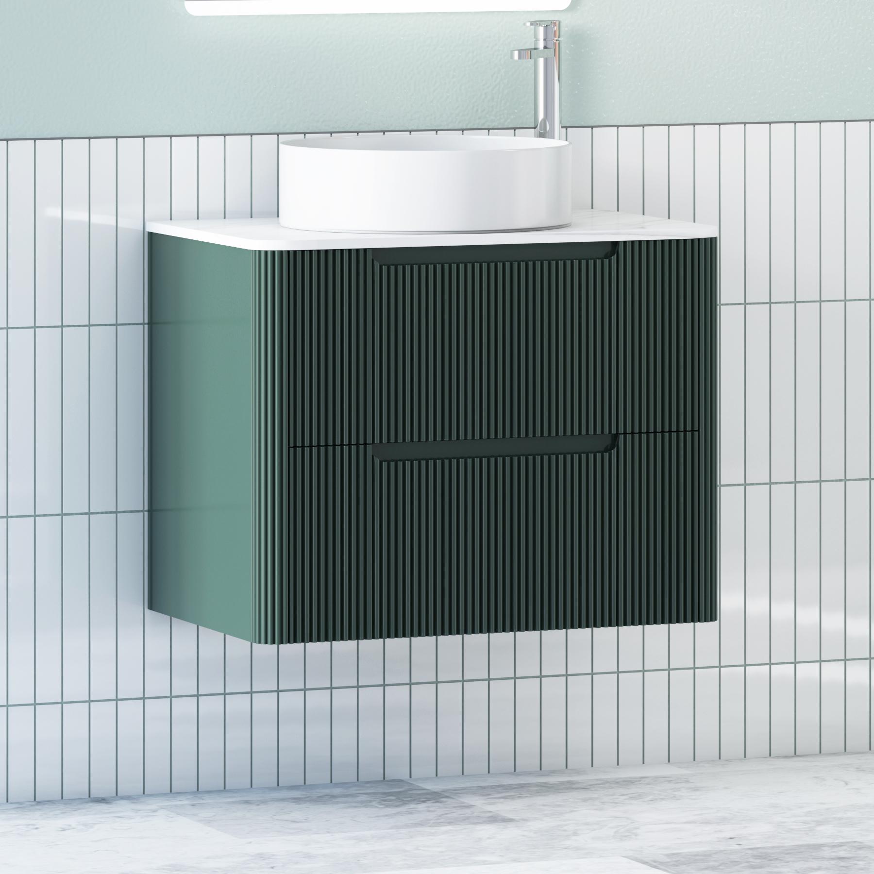 Avenza Deep Moss Green 2 Drawer Wall Hung Vanity Unit with Carrara White Undrilled Worktop & Various Countertop Basins