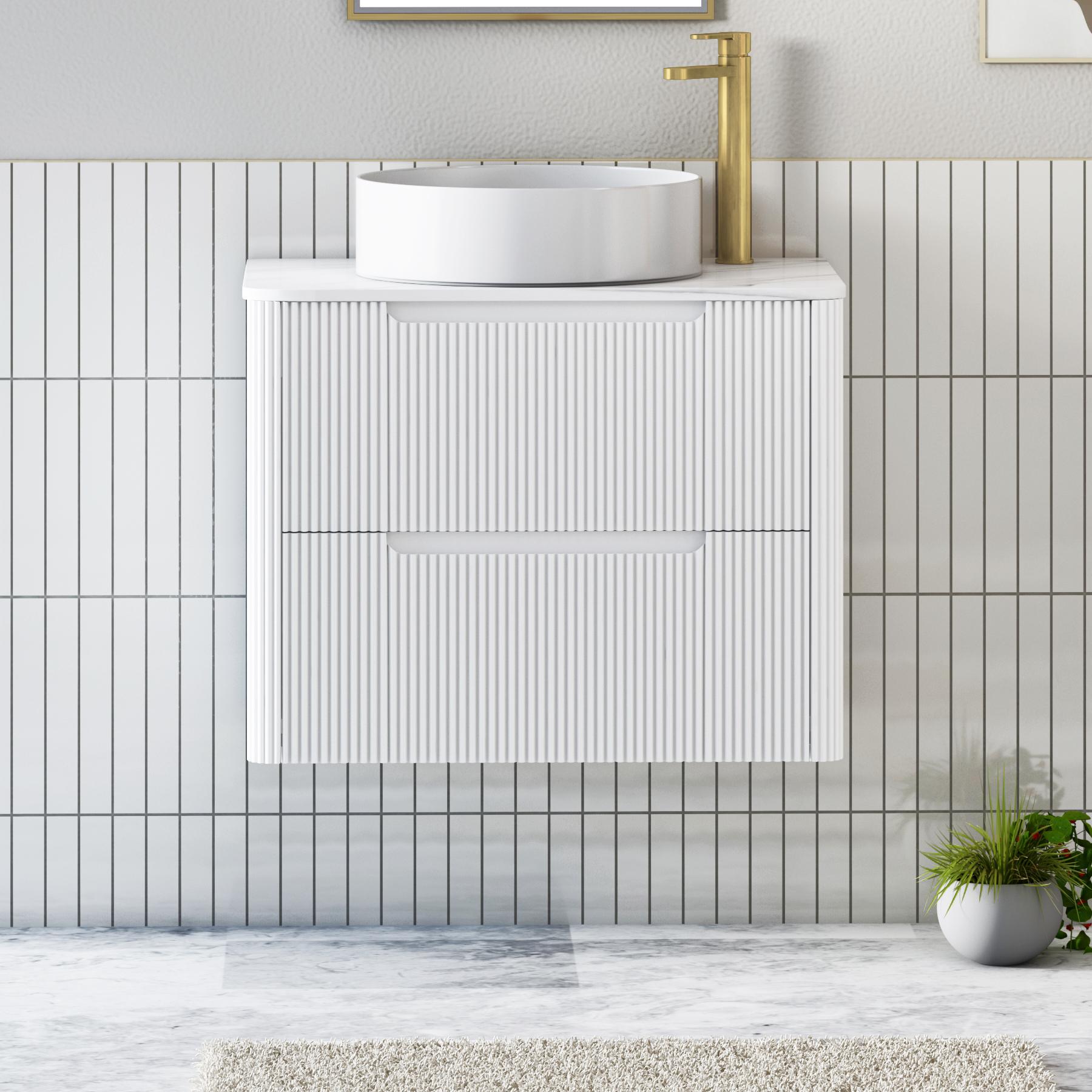 Avenza Matt White 2 Drawer Wall Hung Vanity Unit with Carrara White Undrilled Worktop & Various Countertop Basins