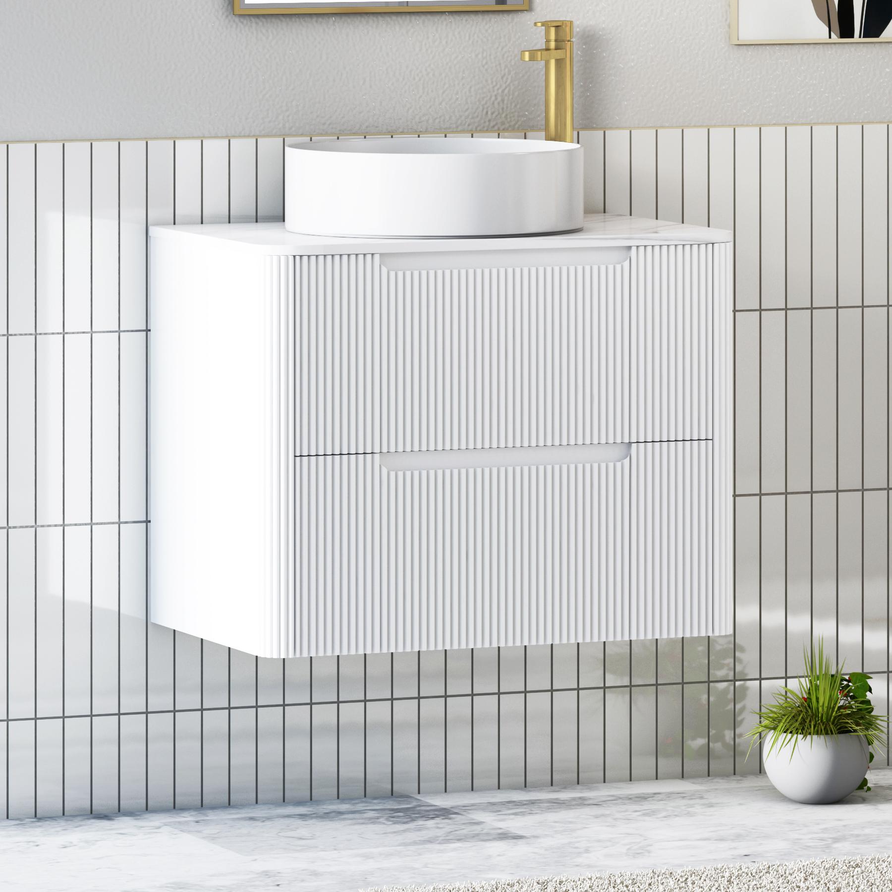Avenza Matt White 2 Drawer Wall Hung Vanity Unit with Carrara White Undrilled Worktop & Various Countertop Basins