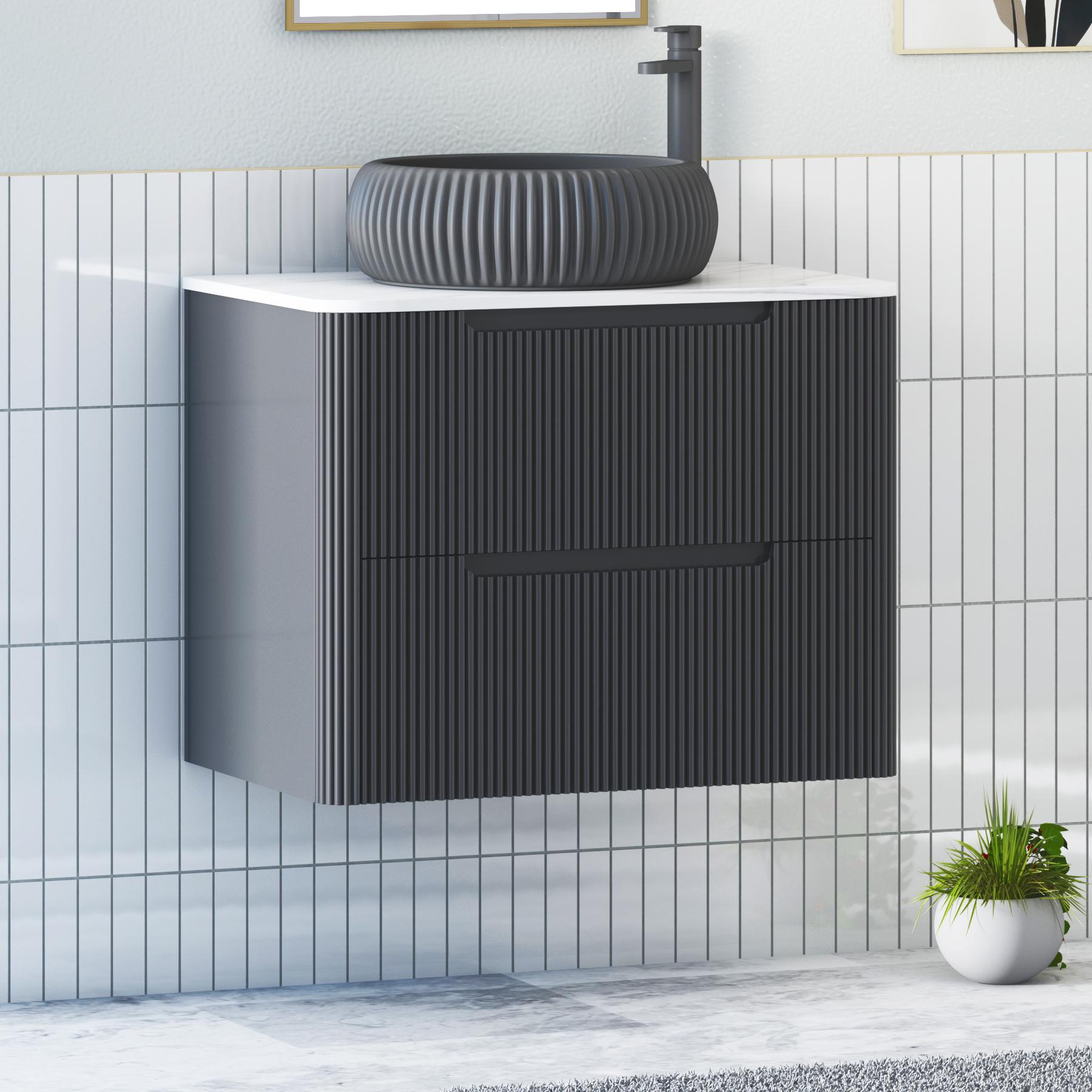Avenza Matt Obsidian Black 2 Drawer Wall Hung Vanity Unit with Carrara White Undrilled Worktop & Various Countertop Basins