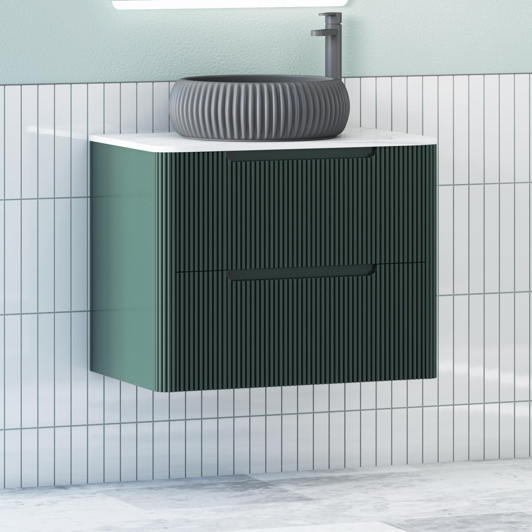 Avenza Deep Moss Green 2 Drawer Wall Hung Vanity Unit with Carrara White Undrilled Worktop & Various Countertop Basins