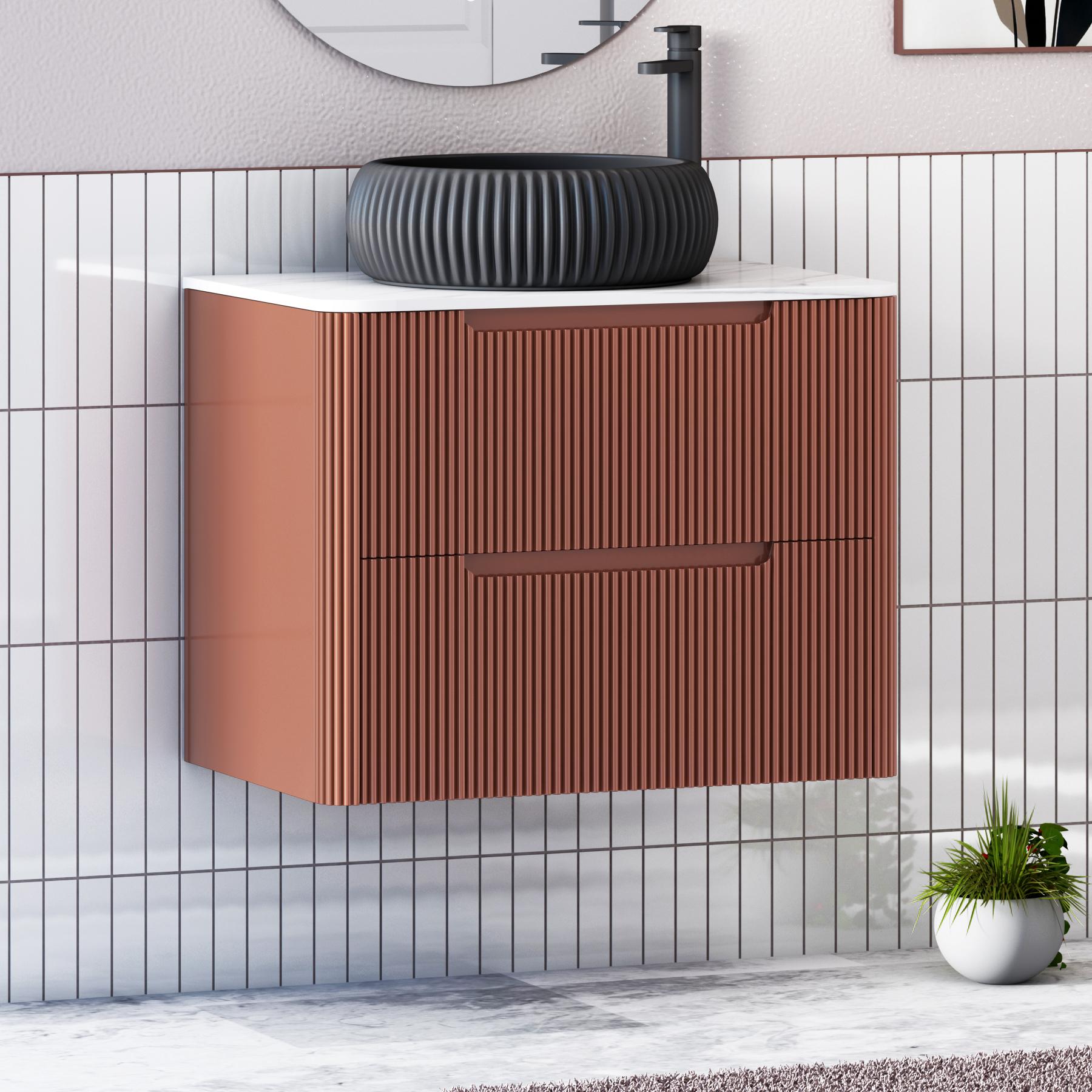 Avenza Terracotta Clay 2 Drawer Wall Hung Vanity Unit with Carrara White Undrilled Worktop & Various Countertop Basins