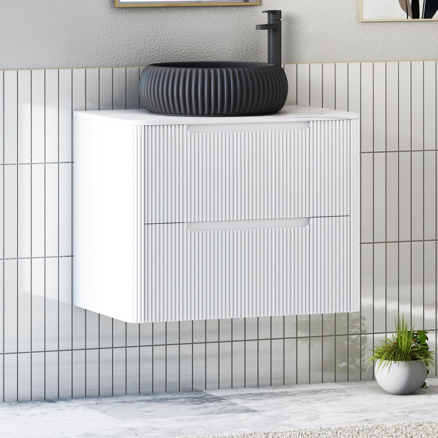 Avenza Matt White 2 Drawer Wall Hung Vanity Unit with Carrara White Undrilled Worktop & Various Countertop Basins